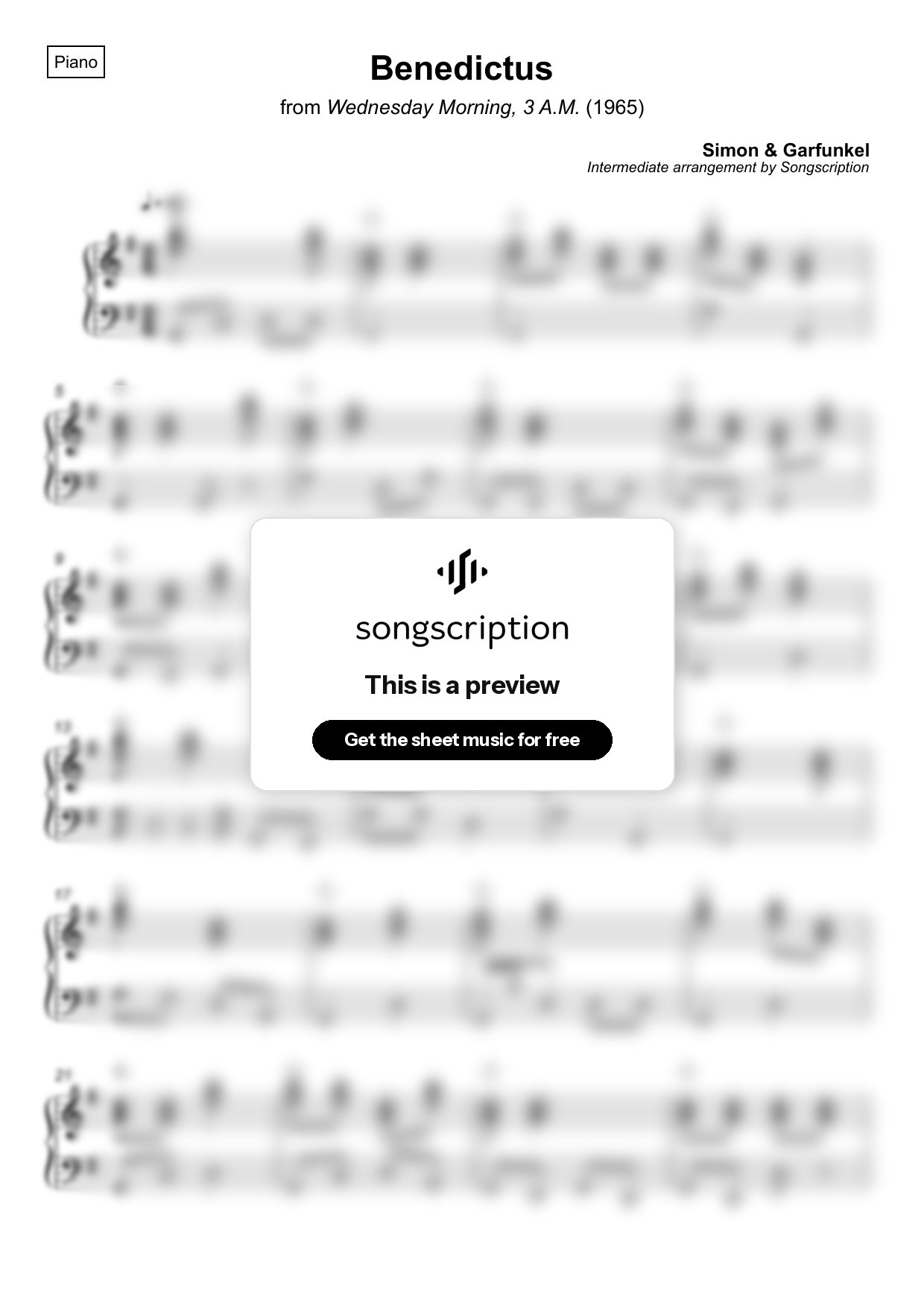 Intermediate Piano Sheet Music for "Benedictus" by Simon & Garfunkel
