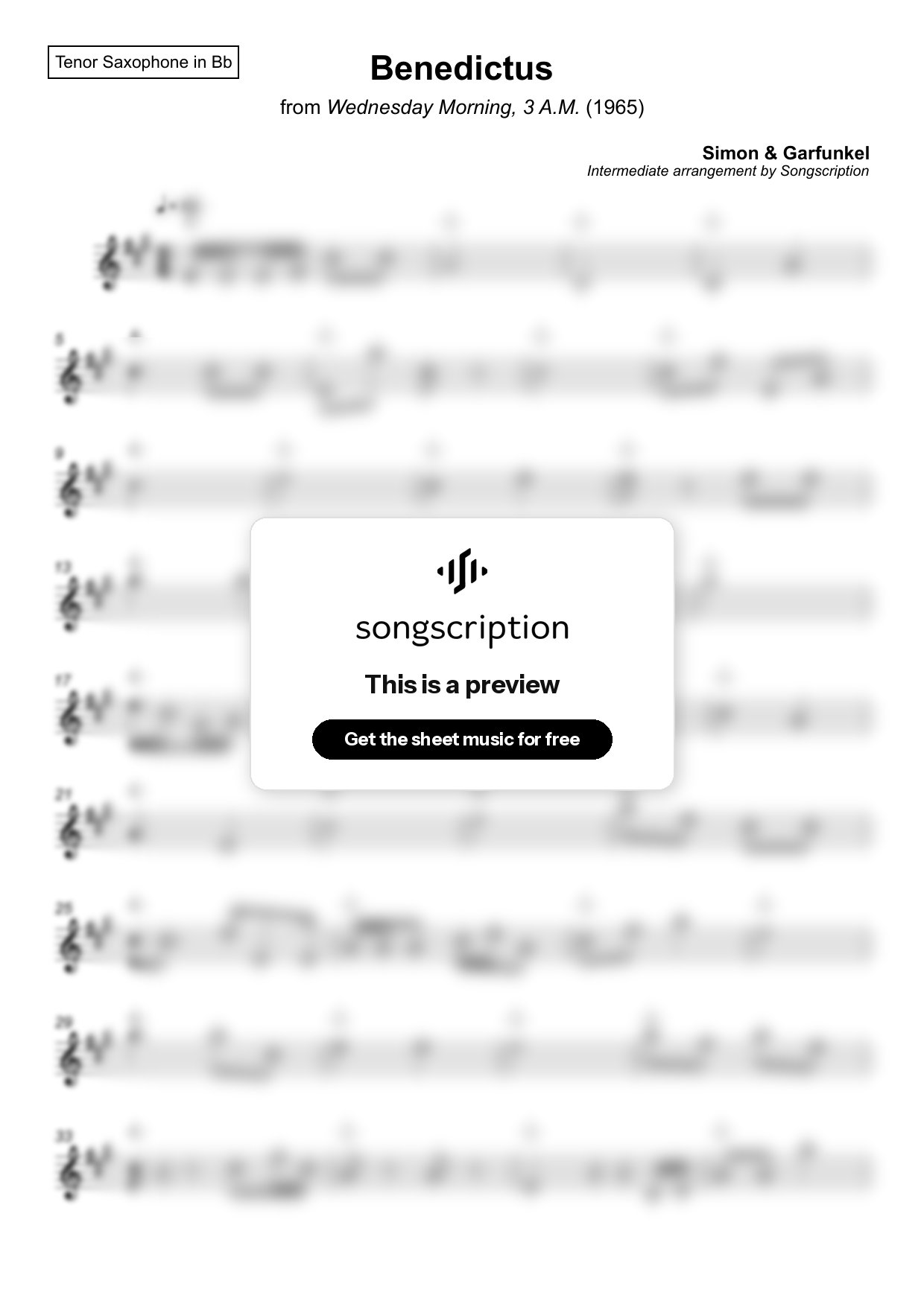 Intermediate Tenor Sax Sheet Music for "Benedictus" by Simon & Garfunkel