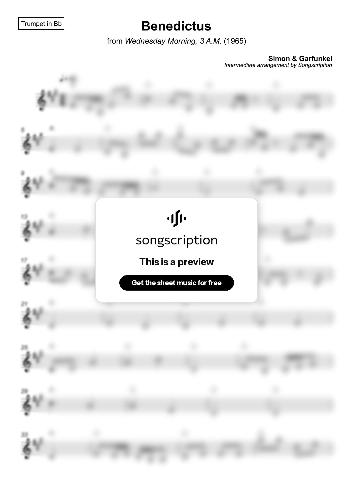 Intermediate Trumpet Sheet Music for "Benedictus" by Simon & Garfunkel