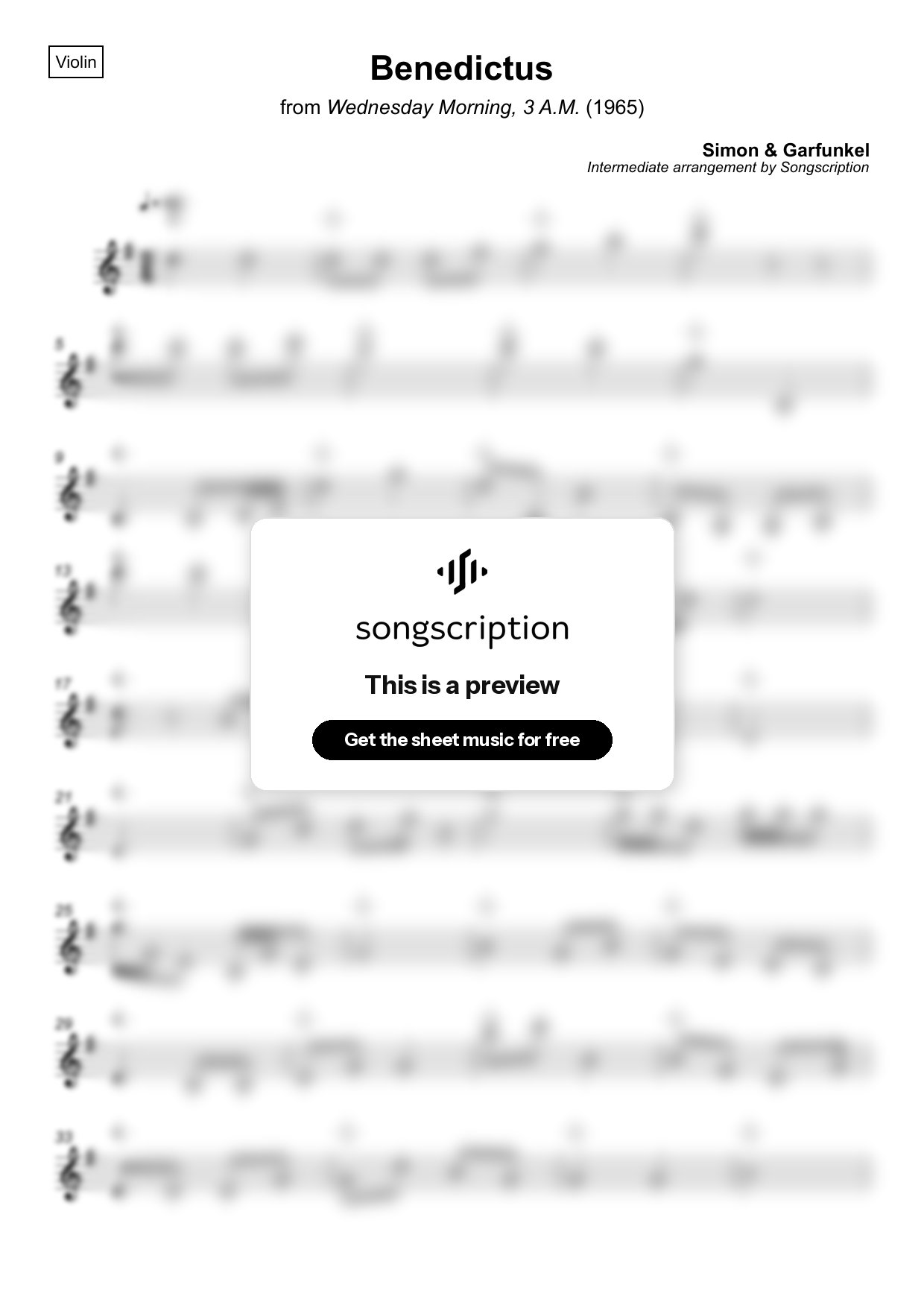 Intermediate Violin Sheet Music for "Benedictus" by Simon & Garfunkel