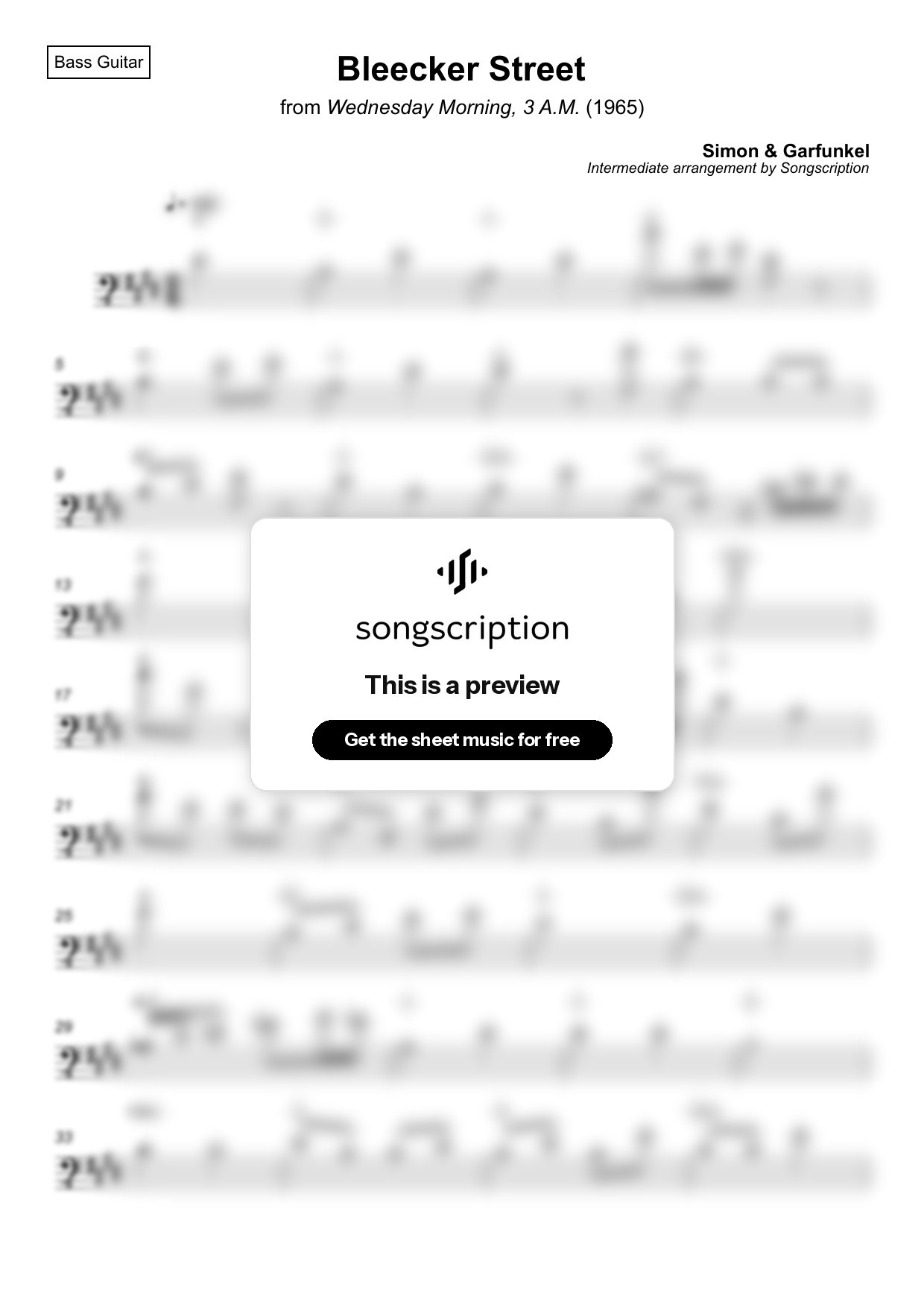 Intermediate Bass Guitar Sheet Music for "Bleecker Street" by Simon & Garfunkel