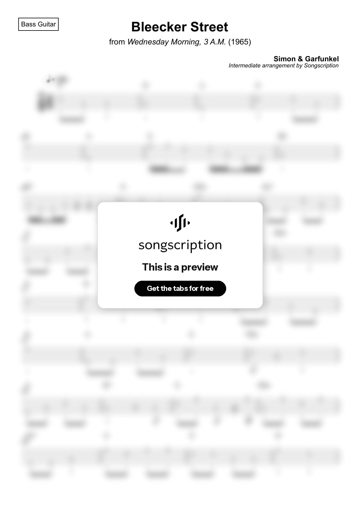 Intermediate Bass Guitar Tabs for "Bleecker Street" by Simon & Garfunkel