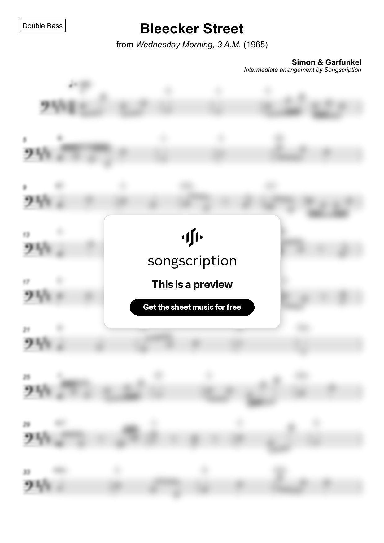 Intermediate Double Bass Sheet Music for "Bleecker Street" by Simon & Garfunkel