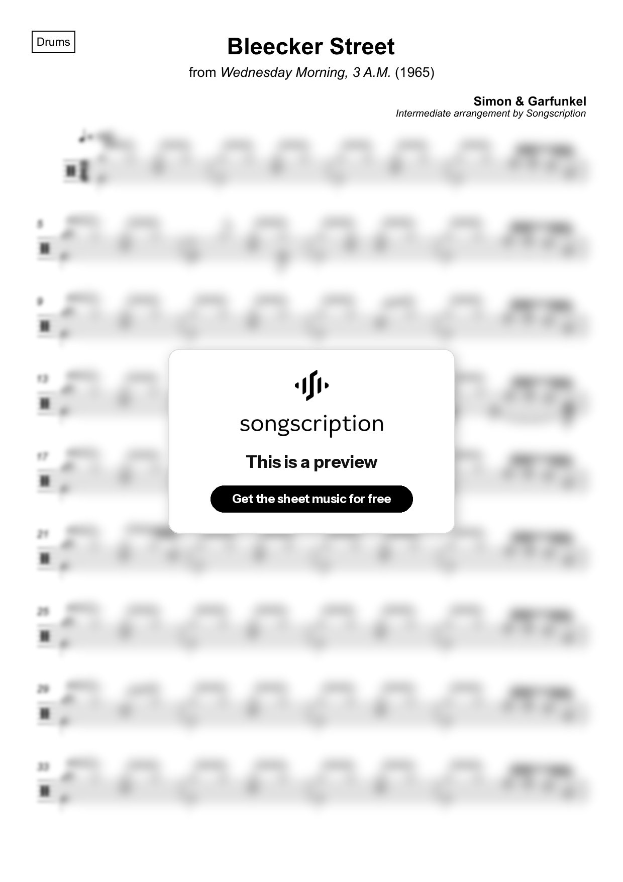 Intermediate Drums Sheet Music for "Bleecker Street" by Simon & Garfunkel