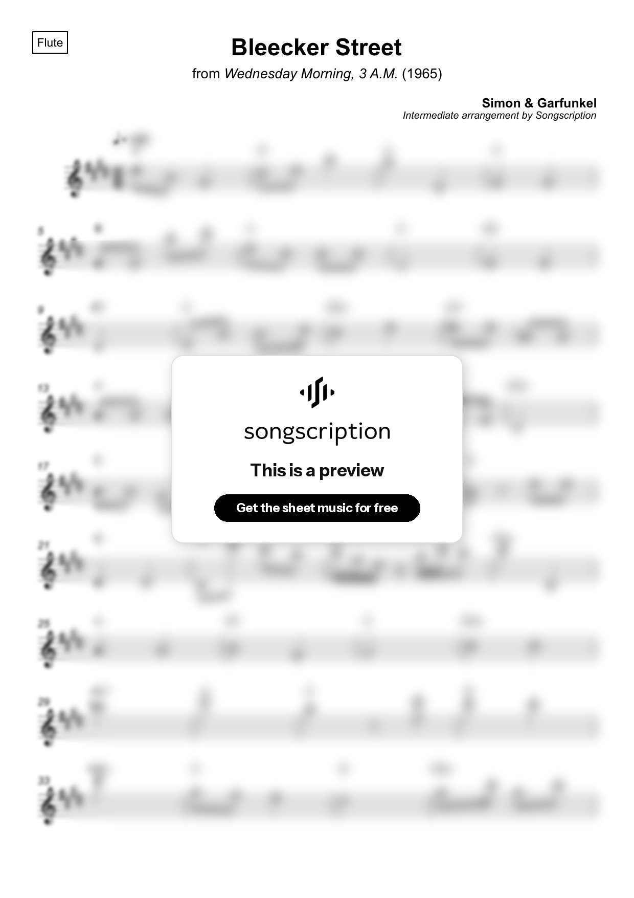 Intermediate Flute Sheet Music for "Bleecker Street" by Simon & Garfunkel