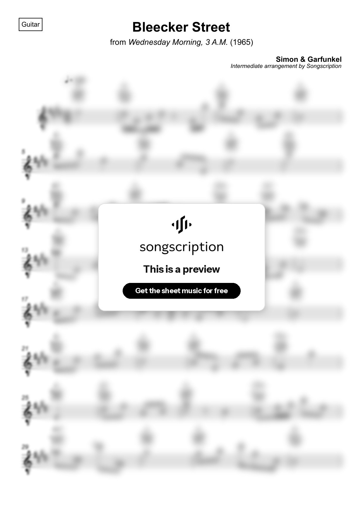 Intermediate Acoustic Guitar Sheet Music for "Bleecker Street" by Simon & Garfunkel