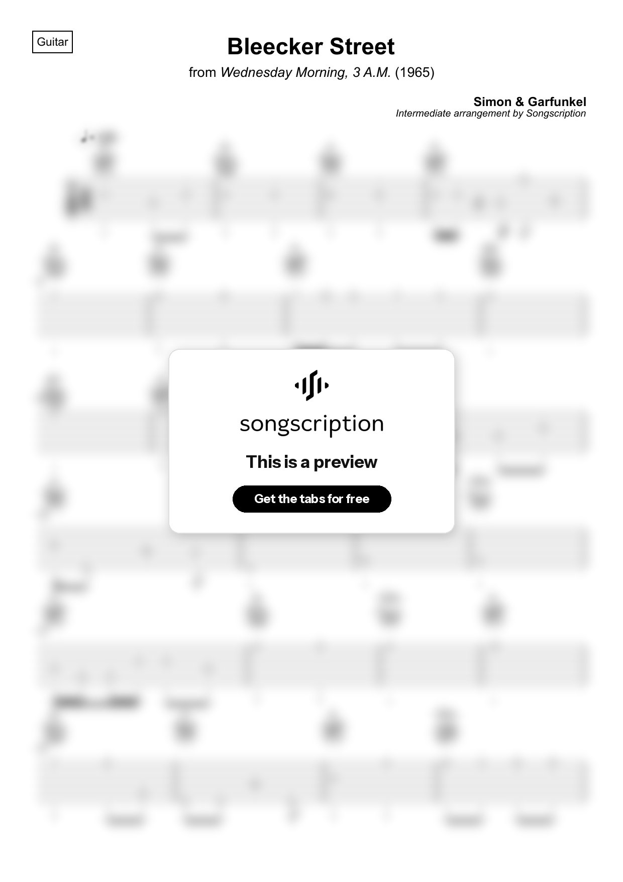 Intermediate Acoustic Guitar Tabs for "Bleecker Street" by Simon & Garfunkel