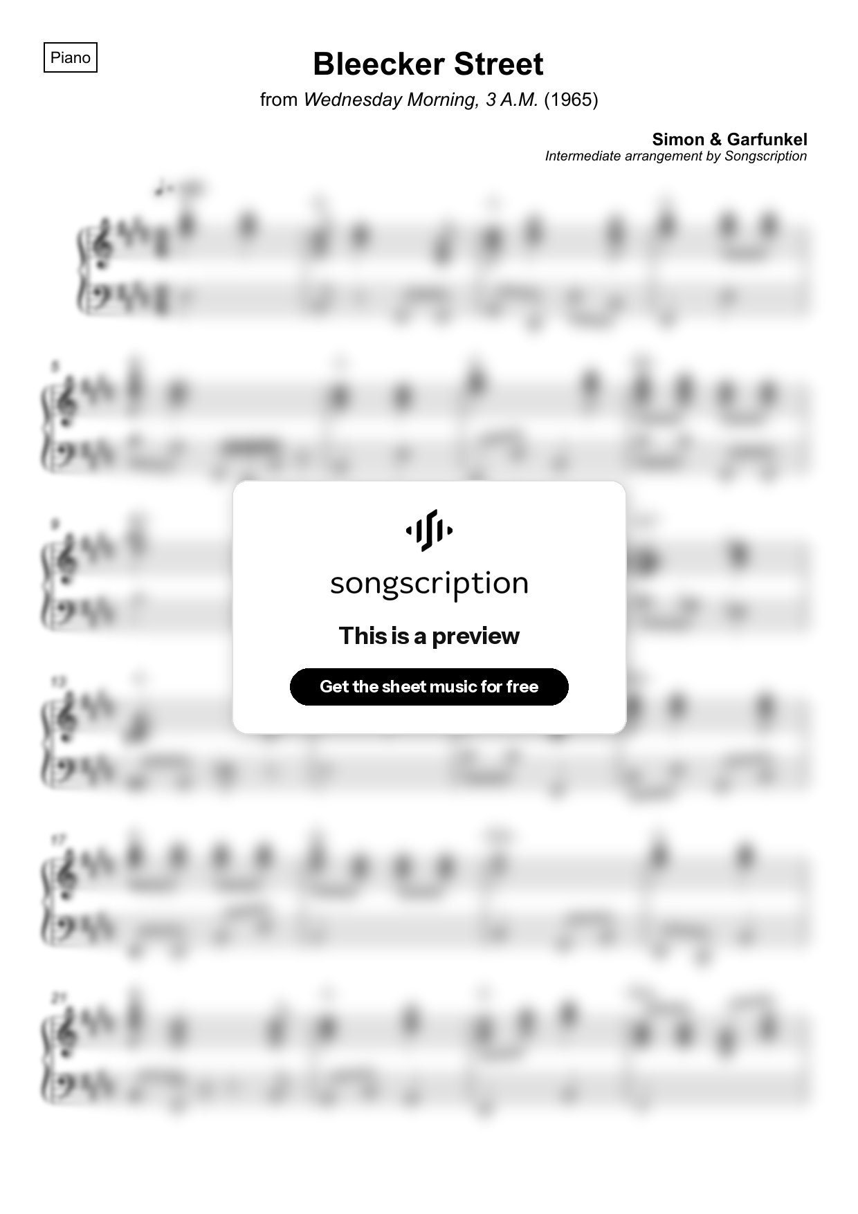 Intermediate Piano Sheet Music for "Bleecker Street" by Simon & Garfunkel