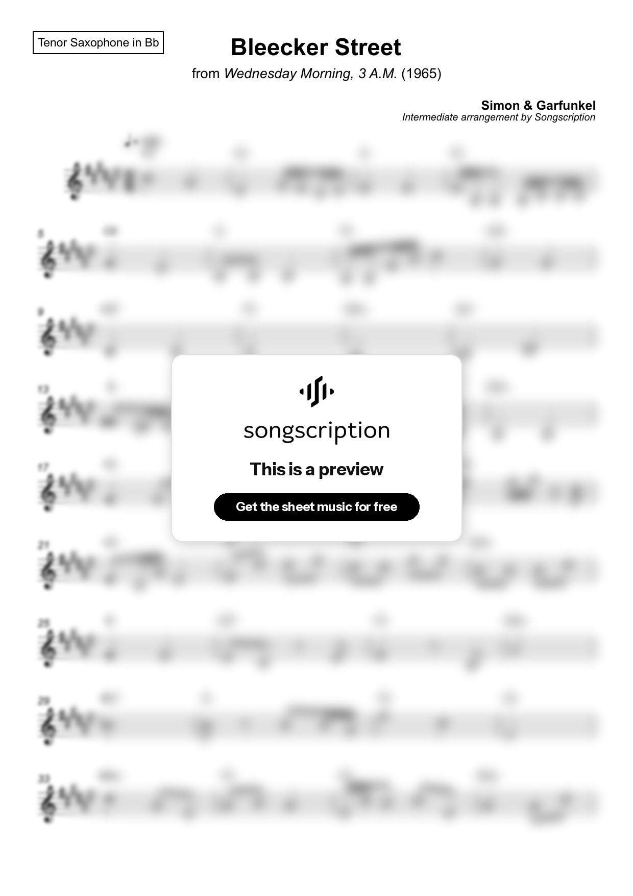 Intermediate Tenor Sax Sheet Music for "Bleecker Street" by Simon & Garfunkel