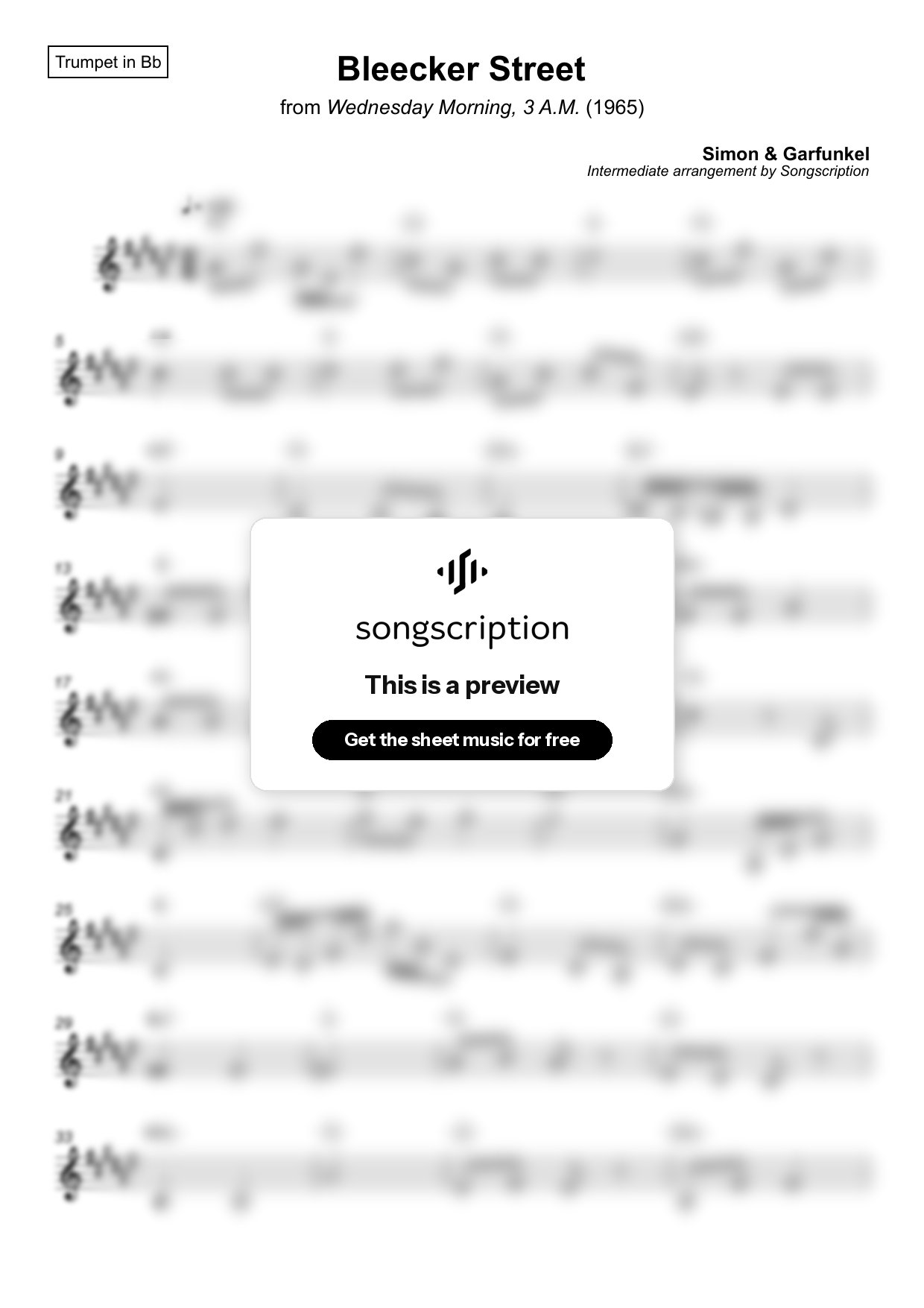 Intermediate Trumpet Sheet Music for "Bleecker Street" by Simon & Garfunkel