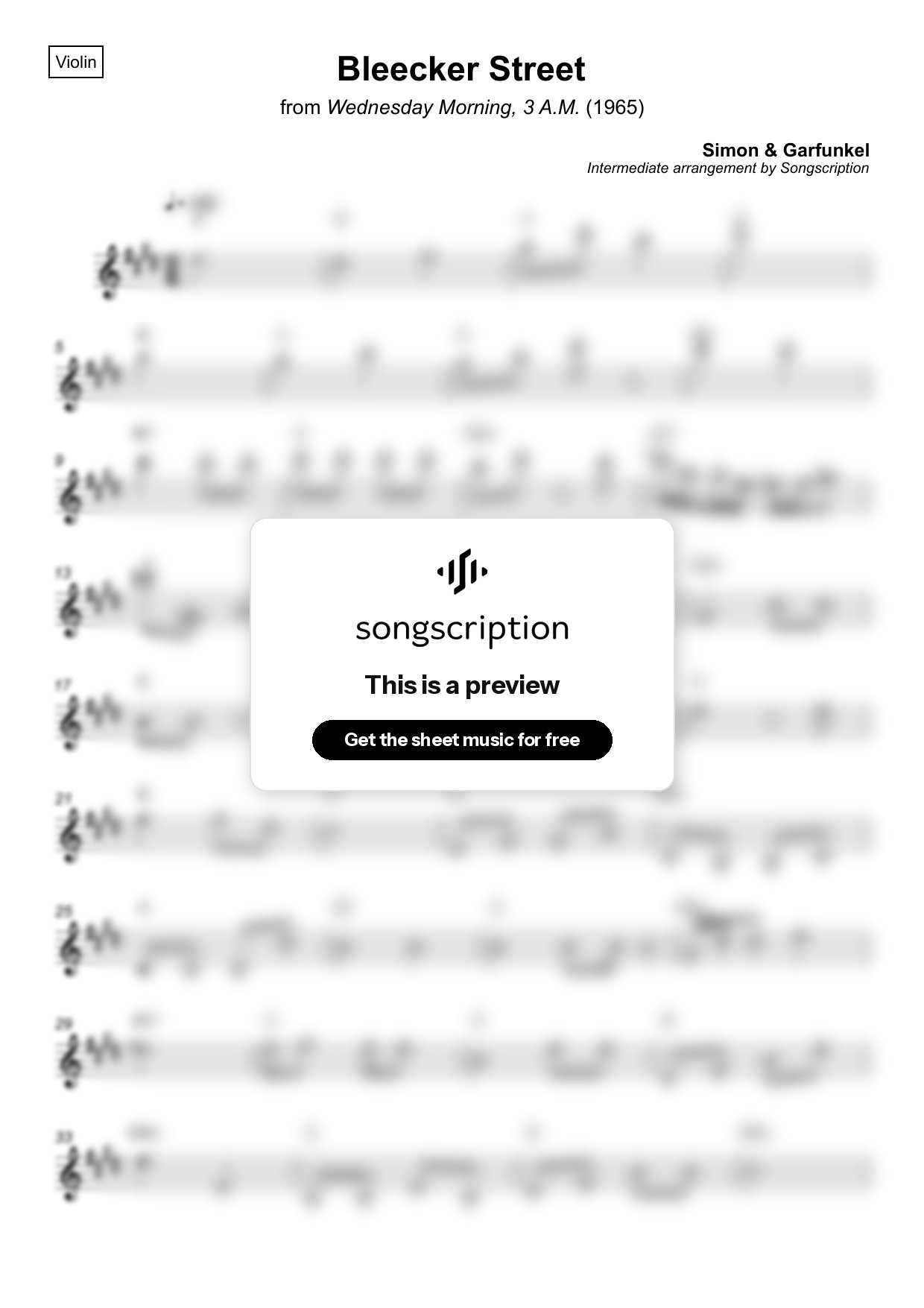 Intermediate Violin Sheet Music for "Bleecker Street" by Simon & Garfunkel