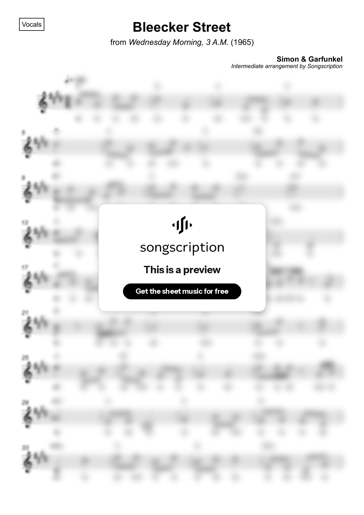 Intermediate Vocals Sheet Music for "Bleecker Street" by Simon & Garfunkel