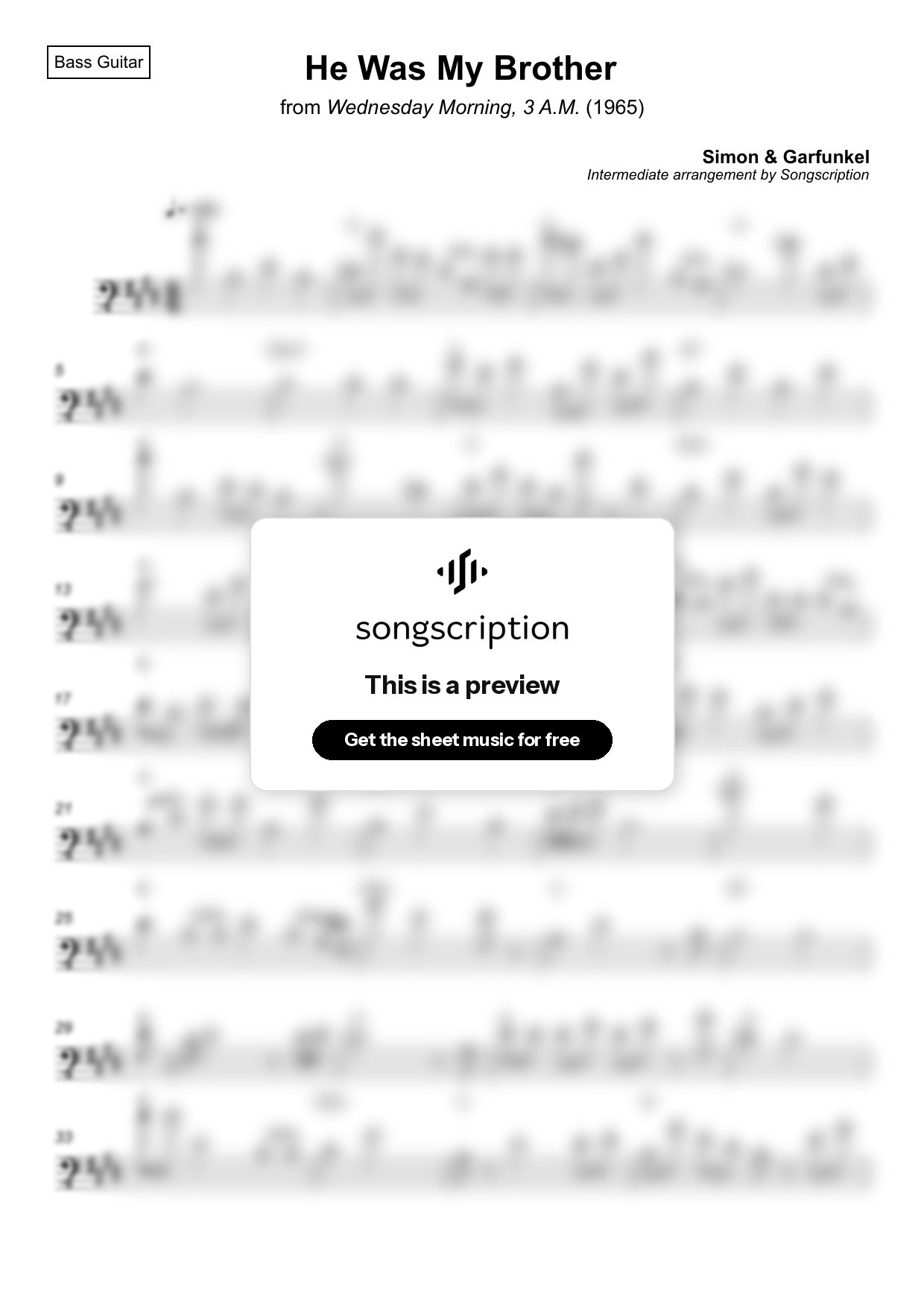 Intermediate Bass Guitar Sheet Music for "He Was My Brother" by Simon & Garfunkel
