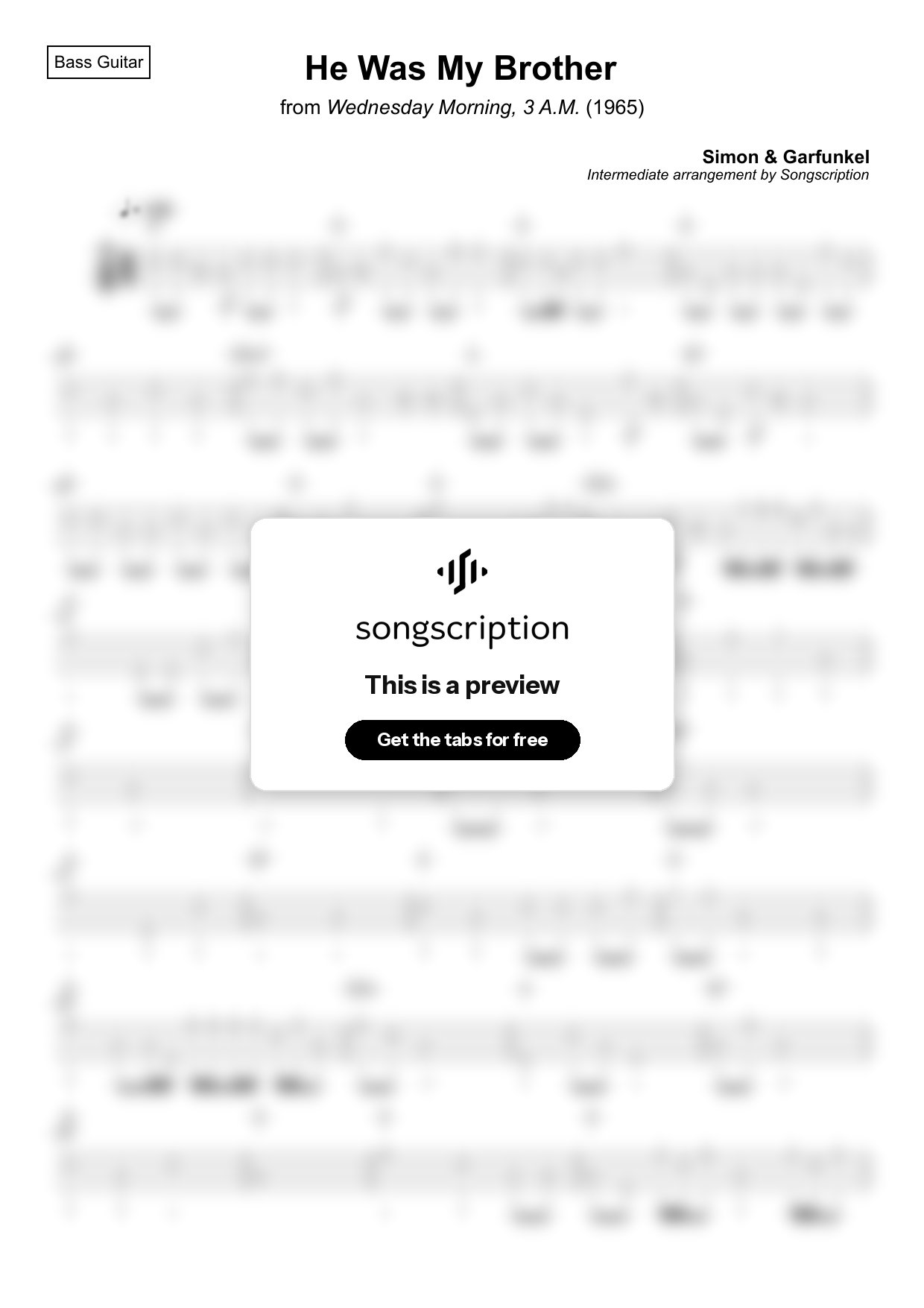 Intermediate Bass Guitar Tabs for "He Was My Brother" by Simon & Garfunkel