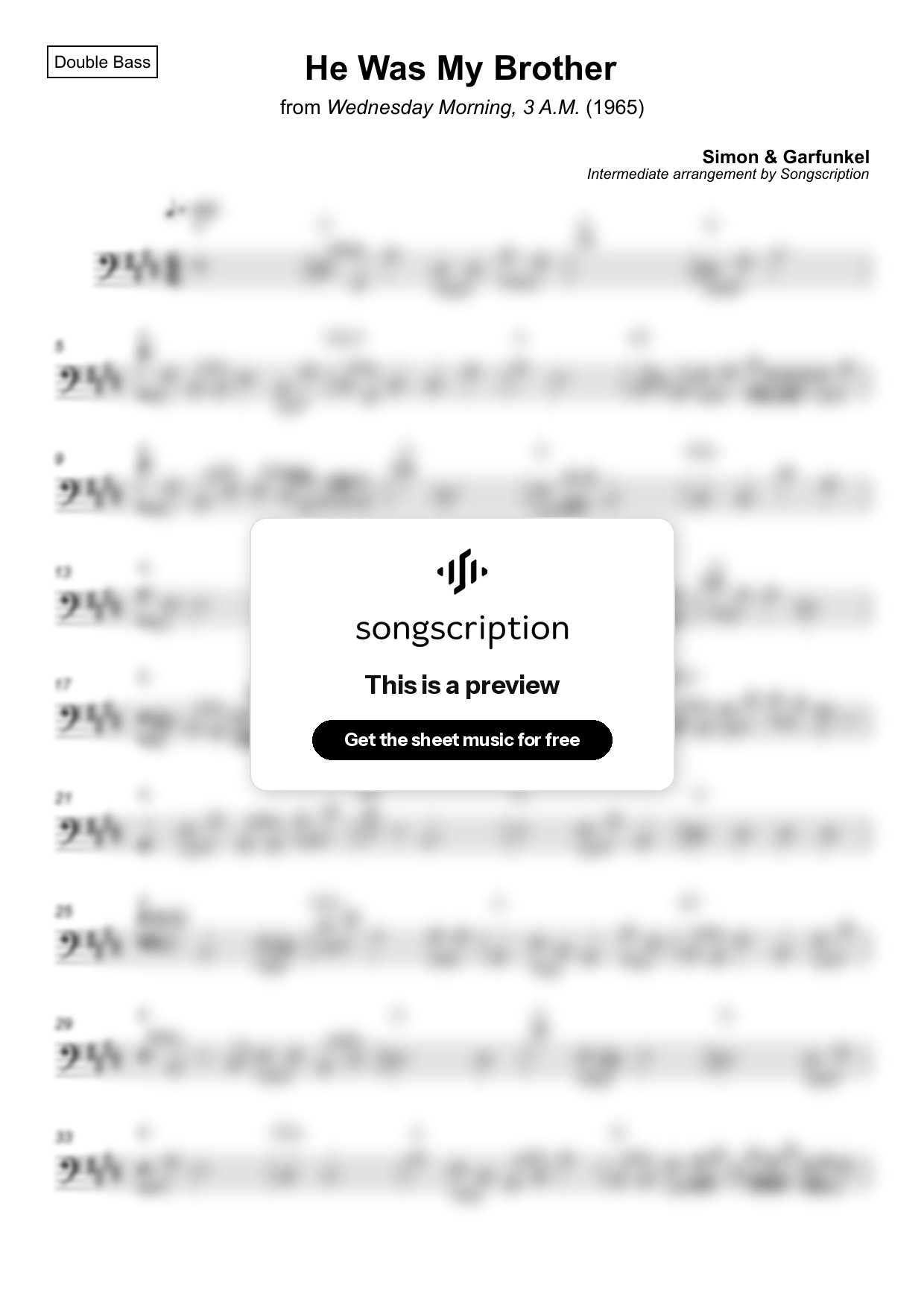 Intermediate Double Bass Sheet Music for "He Was My Brother" by Simon & Garfunkel