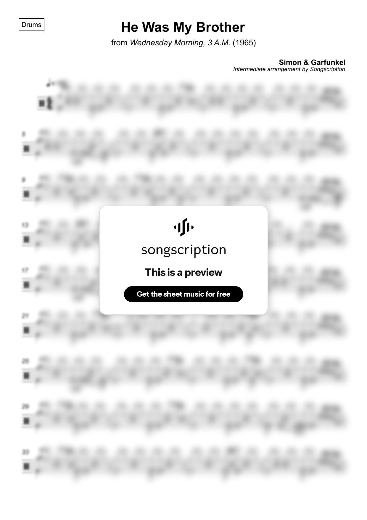 Intermediate Drums Sheet Music for "He Was My Brother" by Simon & Garfunkel