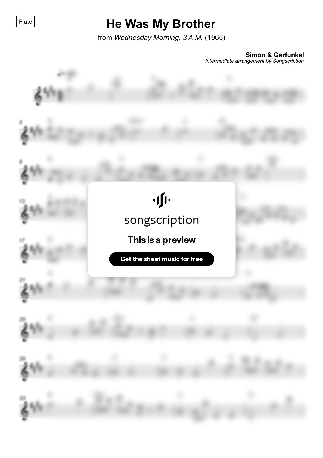 Intermediate Flute Sheet Music for "He Was My Brother" by Simon & Garfunkel