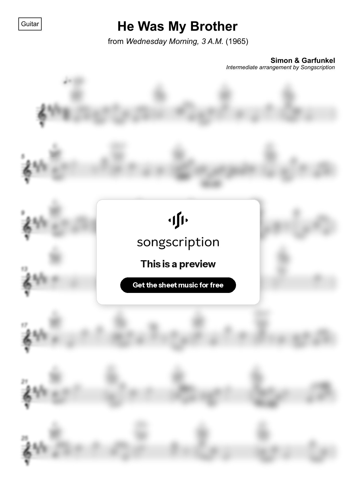 Intermediate Acoustic Guitar Sheet Music for "He Was My Brother" by Simon & Garfunkel