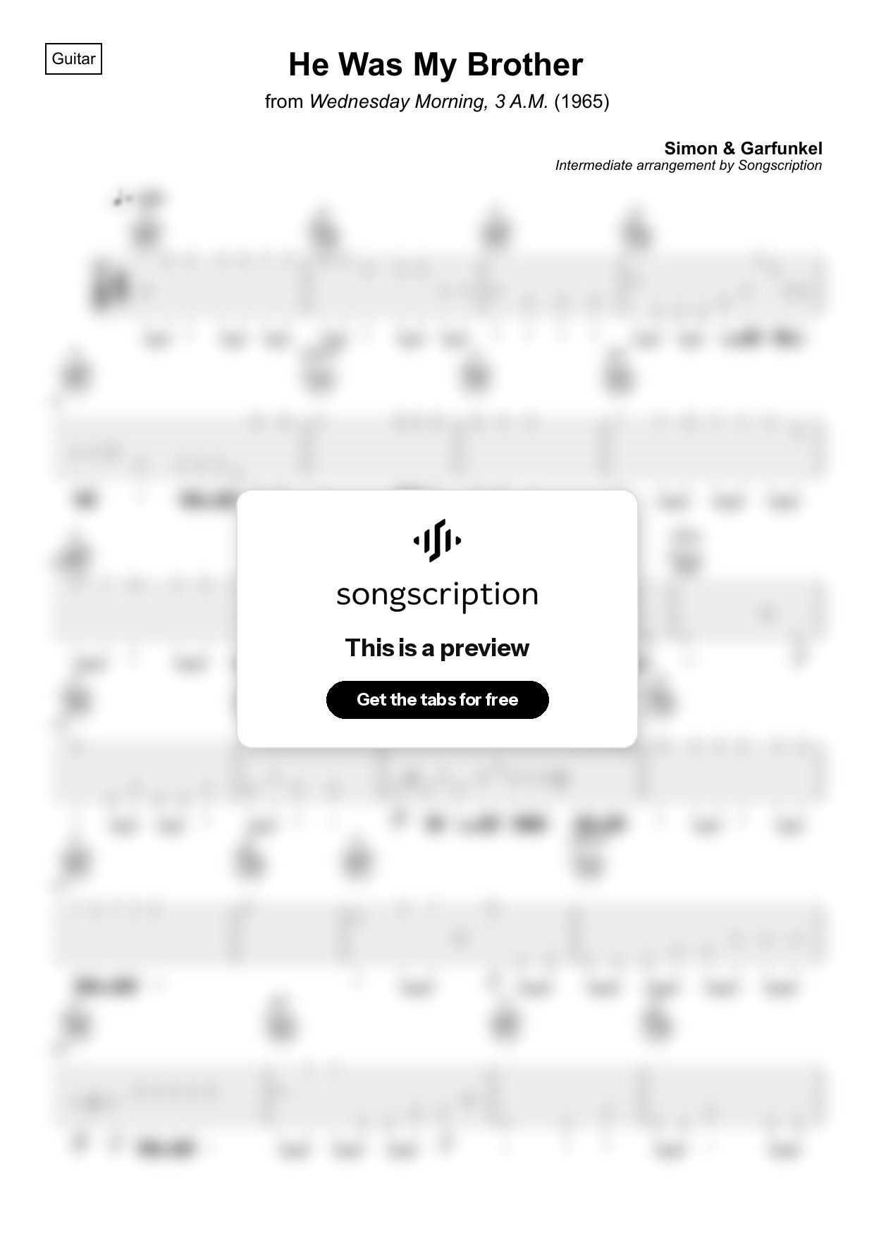Intermediate Acoustic Guitar Tabs for "He Was My Brother" by Simon & Garfunkel