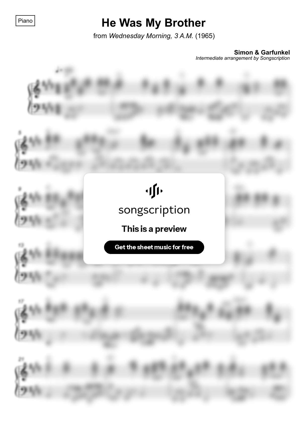 Intermediate Piano Sheet Music for "He Was My Brother" by Simon & Garfunkel
