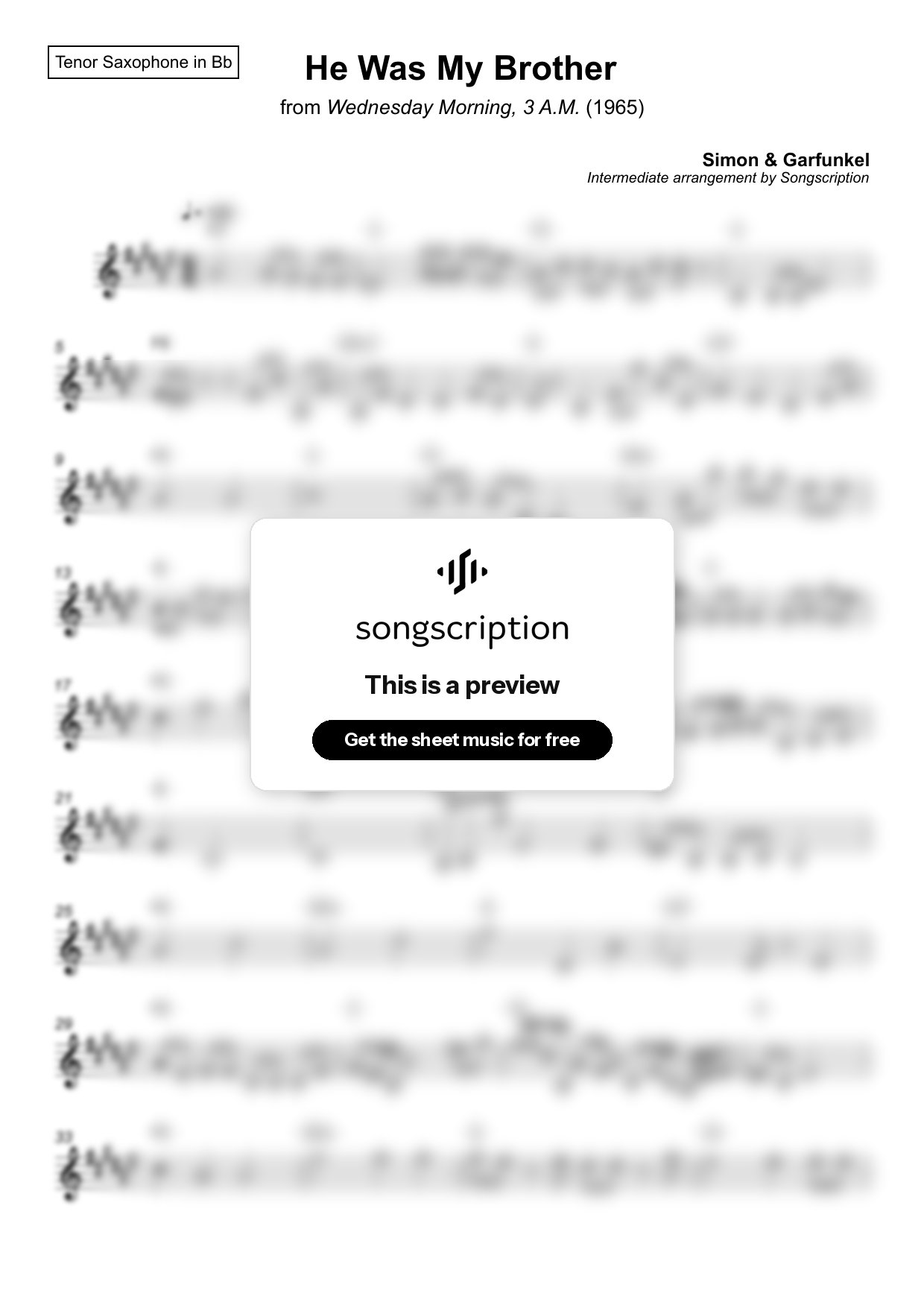 Intermediate Tenor Sax Sheet Music for "He Was My Brother" by Simon & Garfunkel