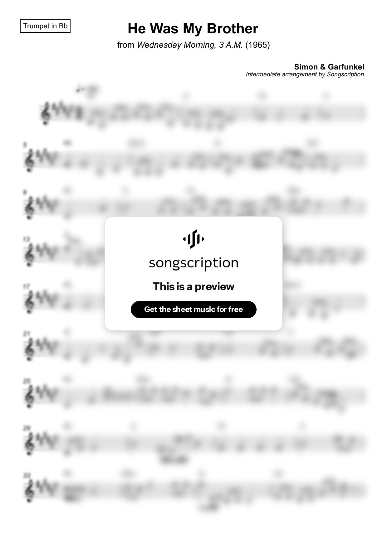 Intermediate Trumpet Sheet Music for "He Was My Brother" by Simon & Garfunkel