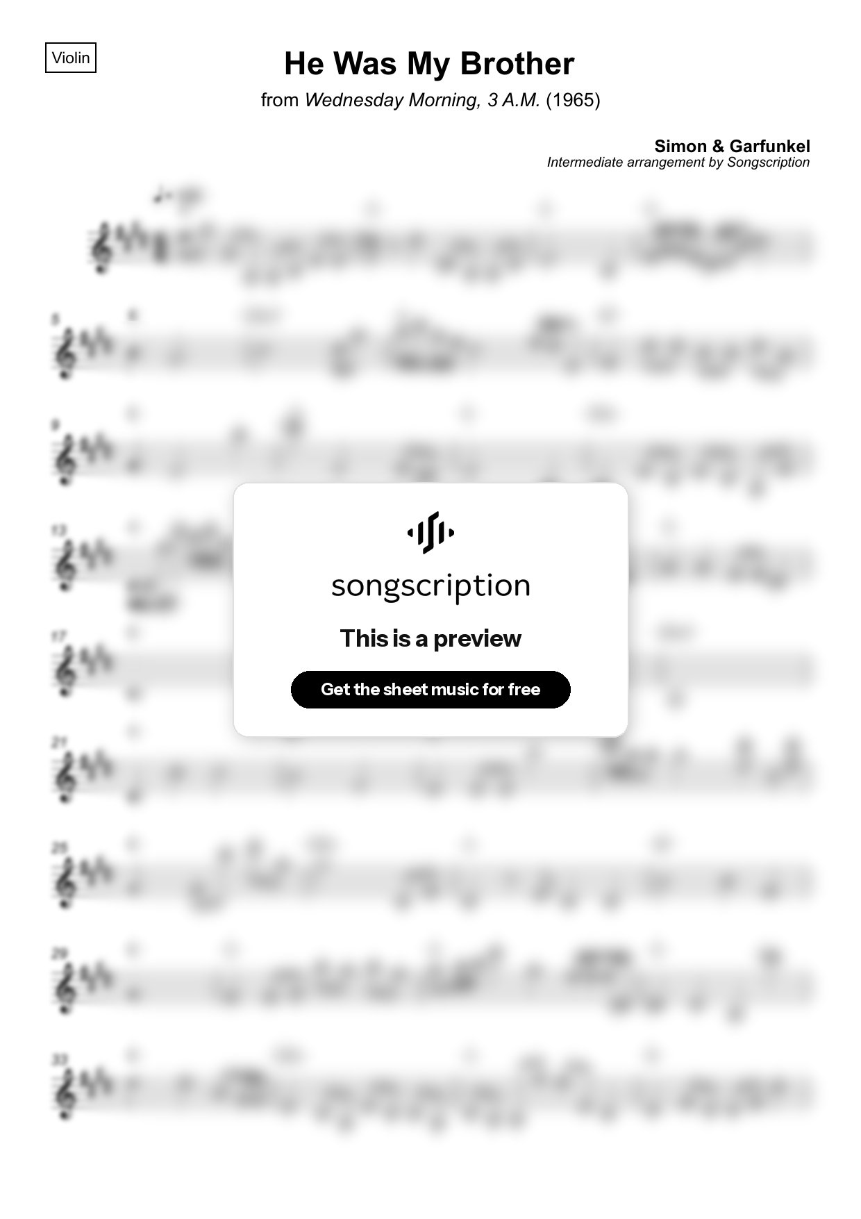 Intermediate Violin Sheet Music for "He Was My Brother" by Simon & Garfunkel