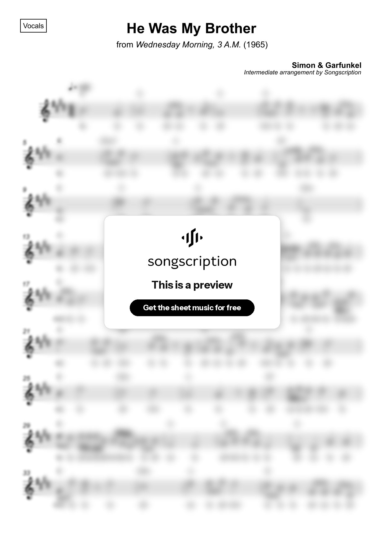Intermediate Vocals Sheet Music for "He Was My Brother" by Simon & Garfunkel