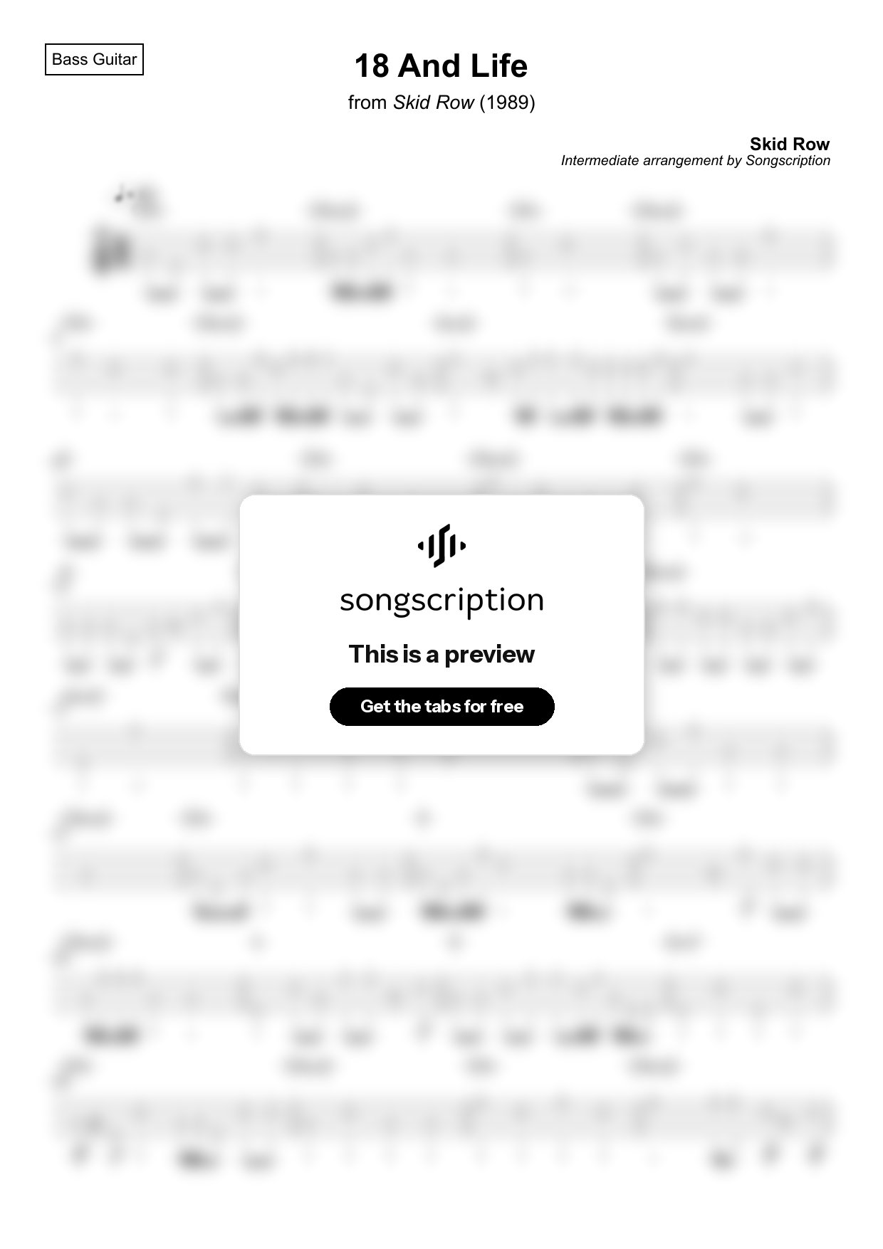 Intermediate Bass Guitar Tabs for "18 And Life" by Skid Row
