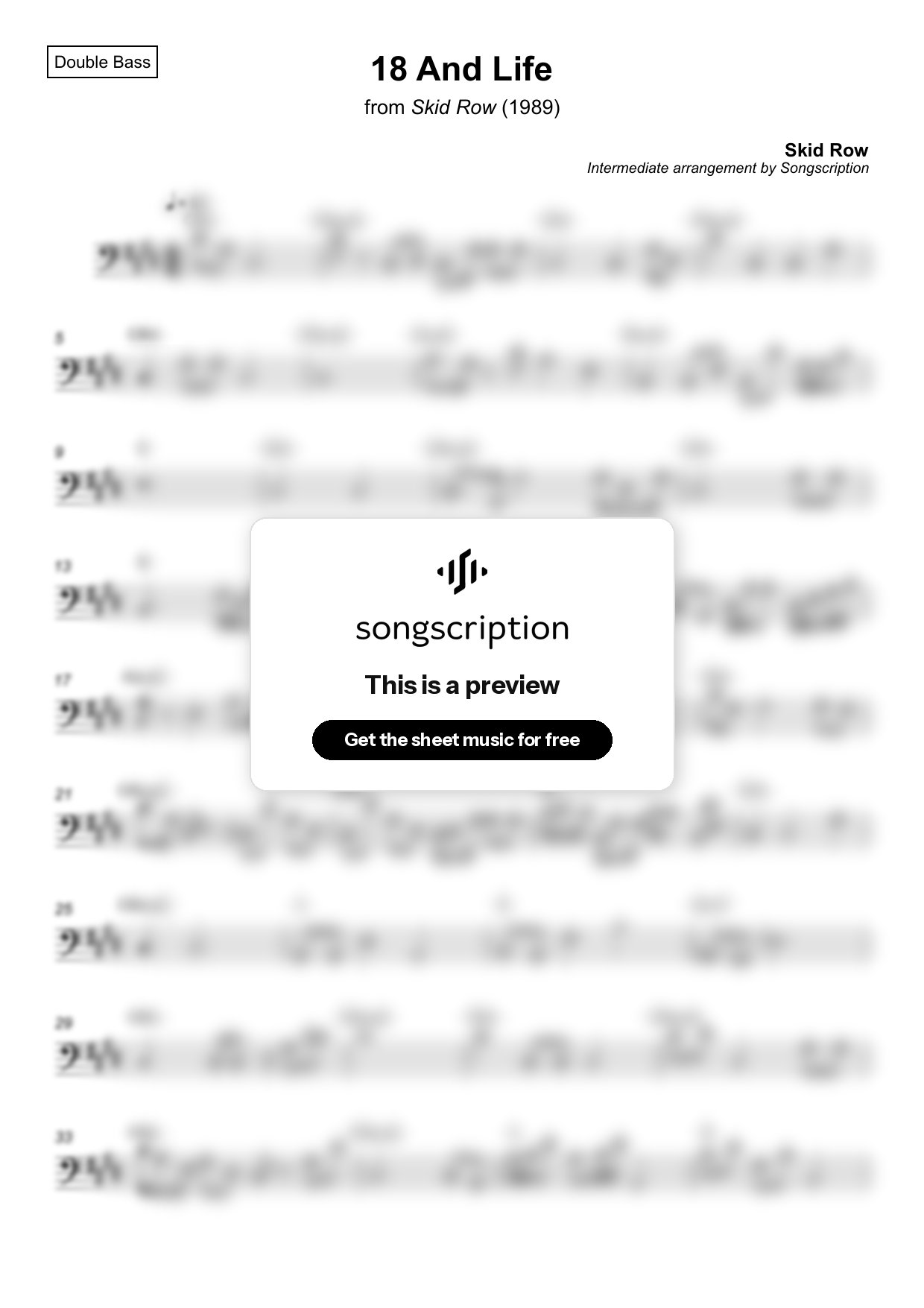 Intermediate Double Bass Sheet Music for "18 And Life" by Skid Row
