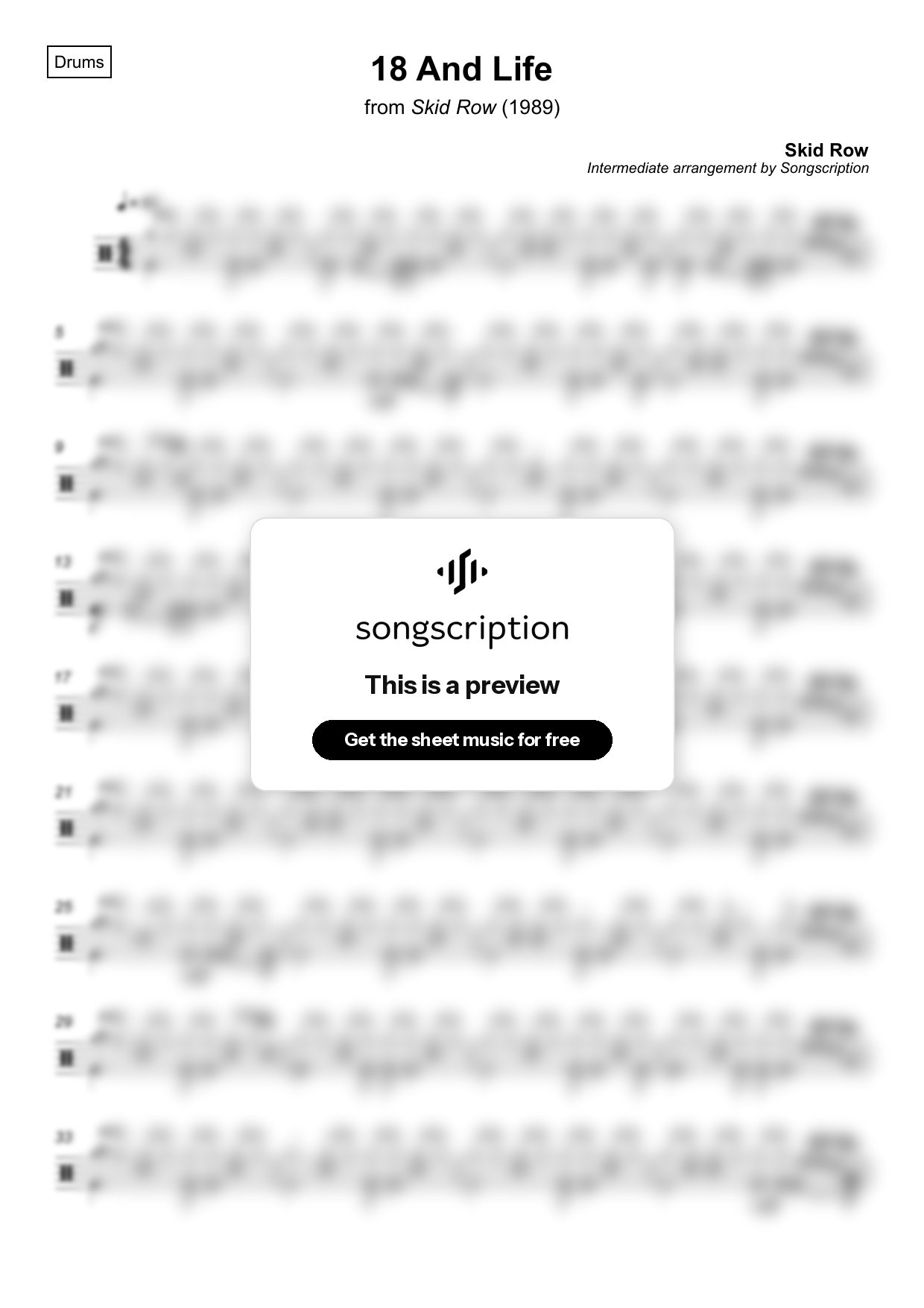 Intermediate Drums Sheet Music for "18 And Life" by Skid Row