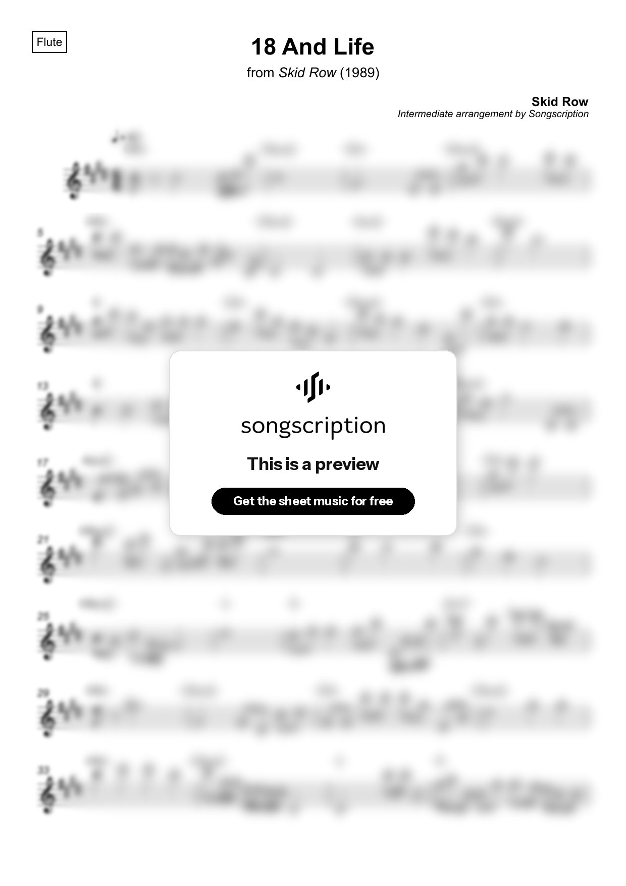 Intermediate Flute Sheet Music for "18 And Life" by Skid Row