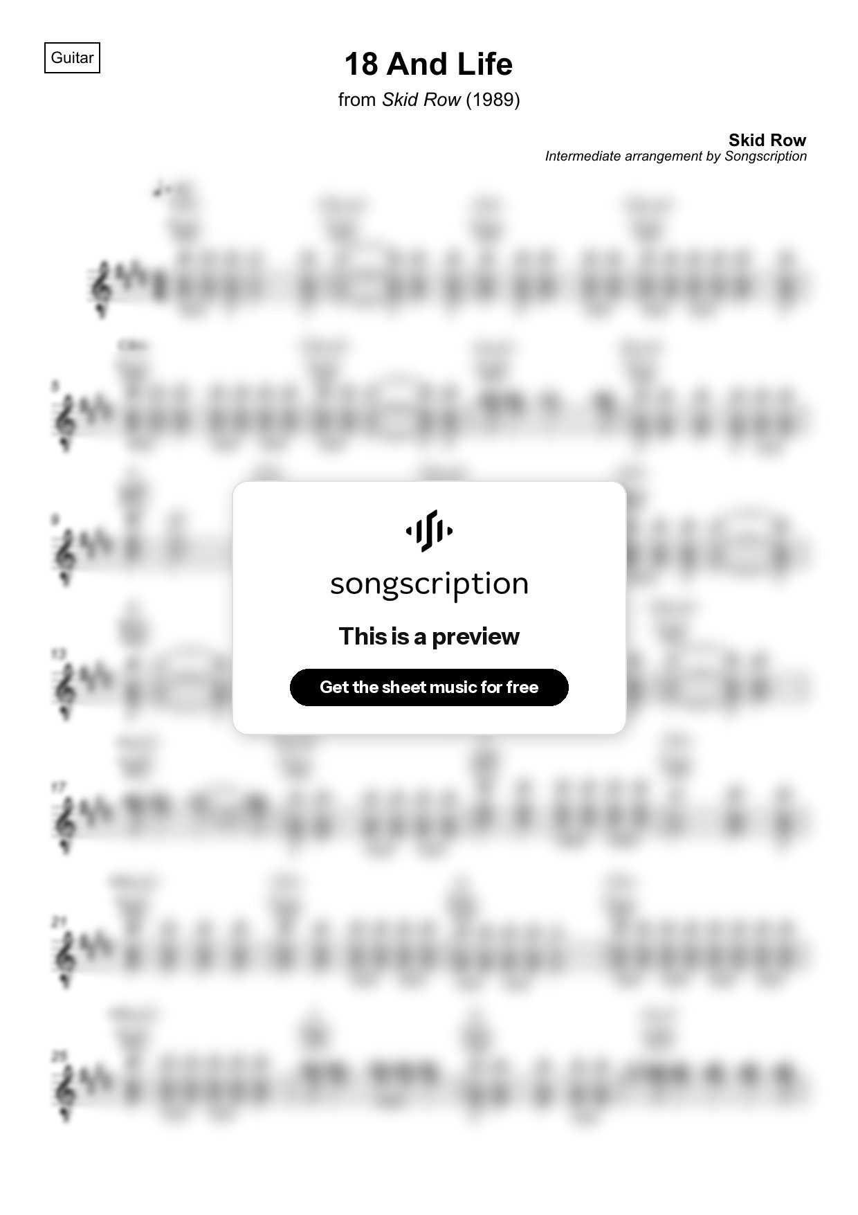 Intermediate Acoustic Guitar Sheet Music for "18 And Life" by Skid Row
