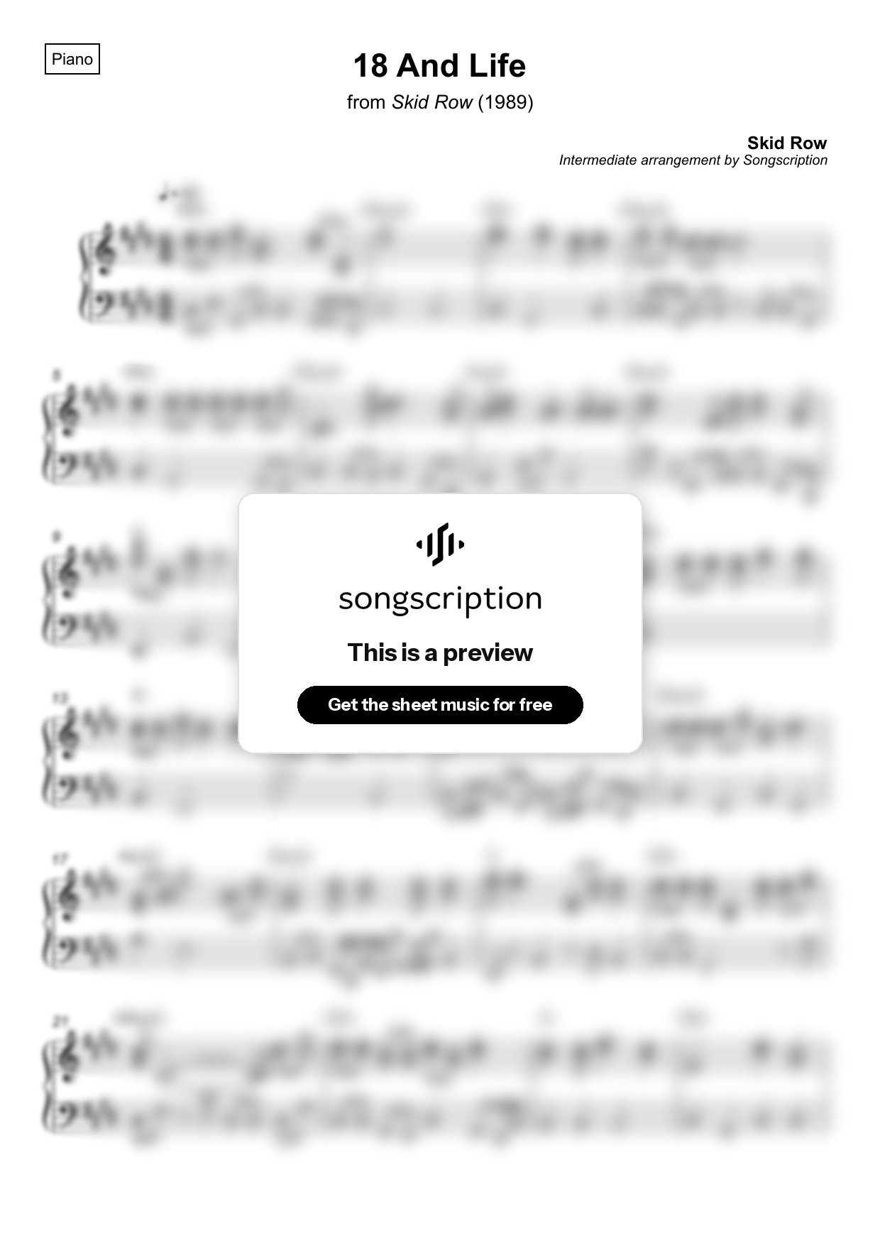 Intermediate Piano Sheet Music for "18 And Life" by Skid Row