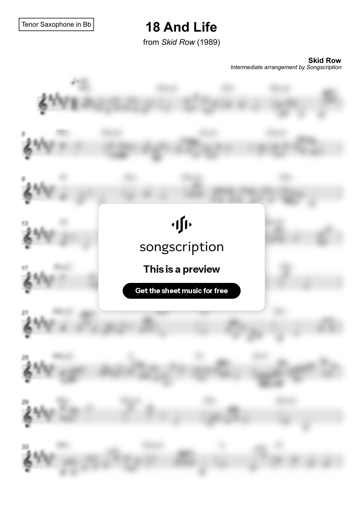 Intermediate Tenor Sax Sheet Music for "18 And Life" by Skid Row