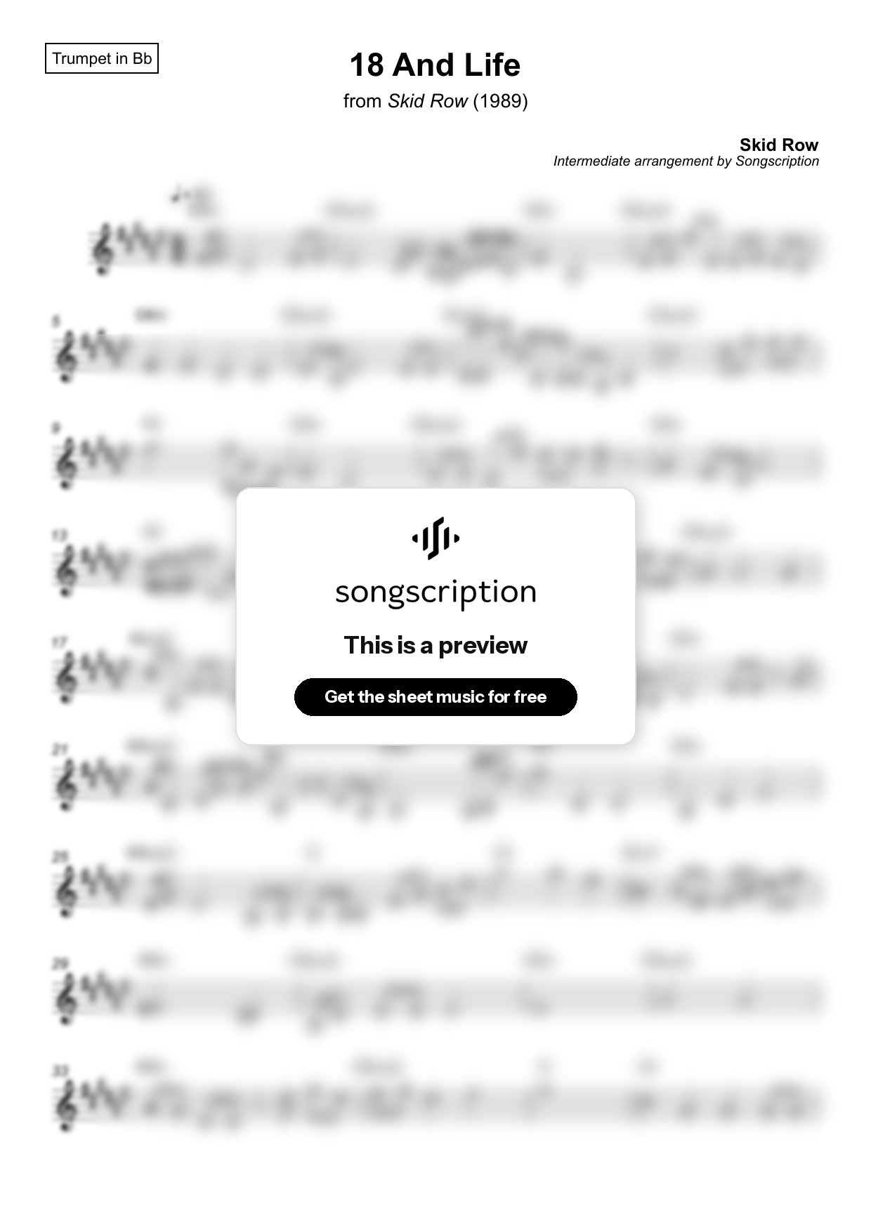 Intermediate Trumpet Sheet Music for "18 And Life" by Skid Row