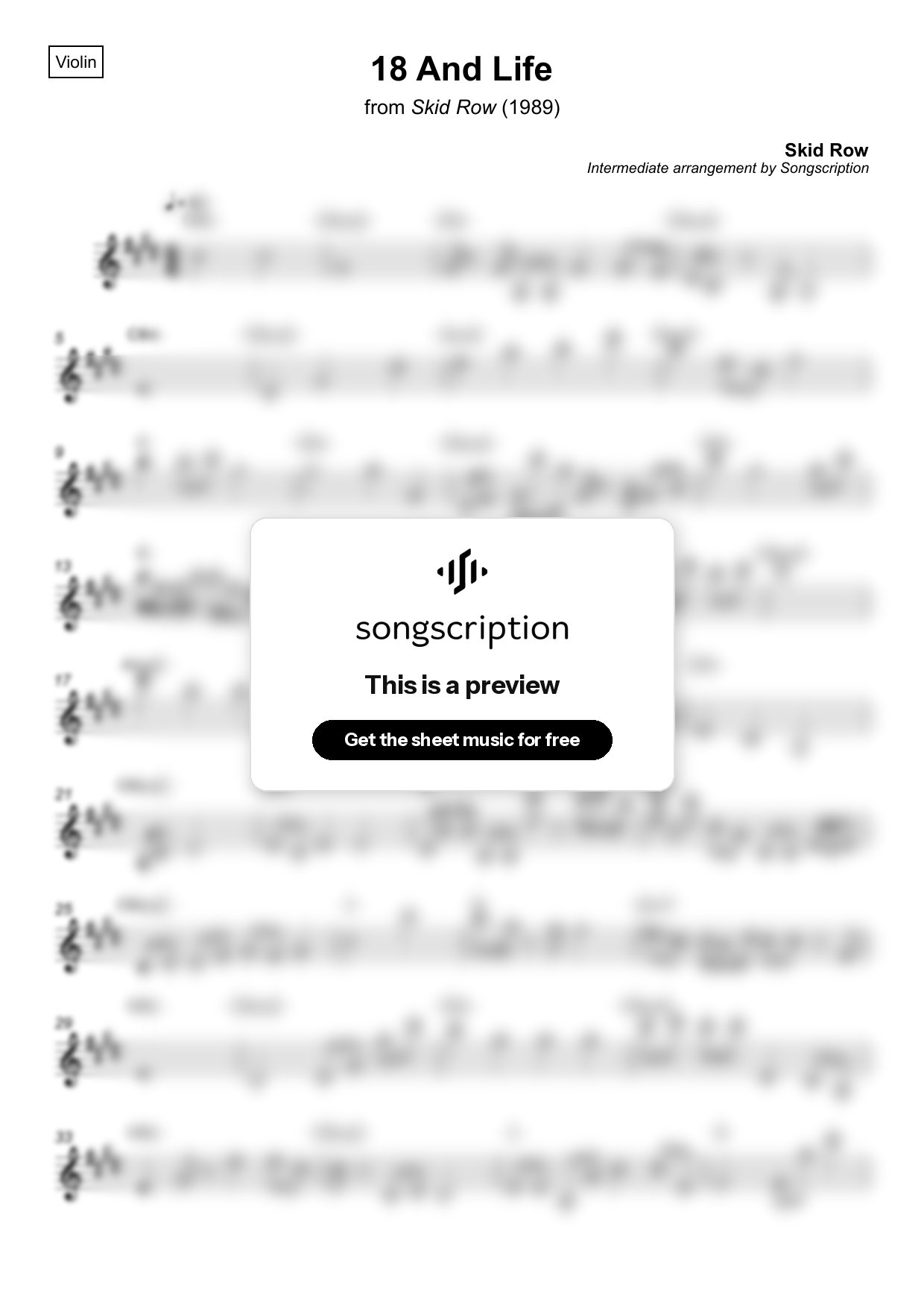 Intermediate Violin Sheet Music for "18 And Life" by Skid Row