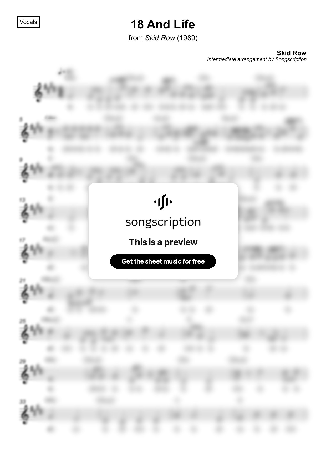 Intermediate Vocals Sheet Music for "18 And Life" by Skid Row