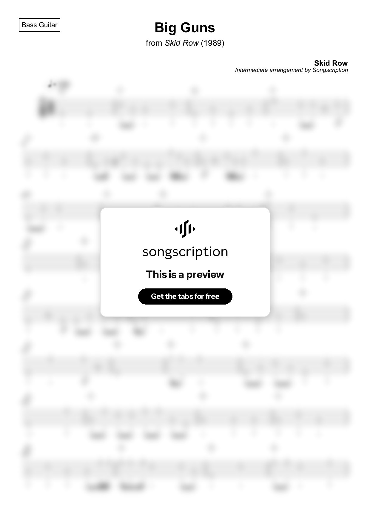 Intermediate Bass Guitar Tabs for "Big Guns" by Skid Row