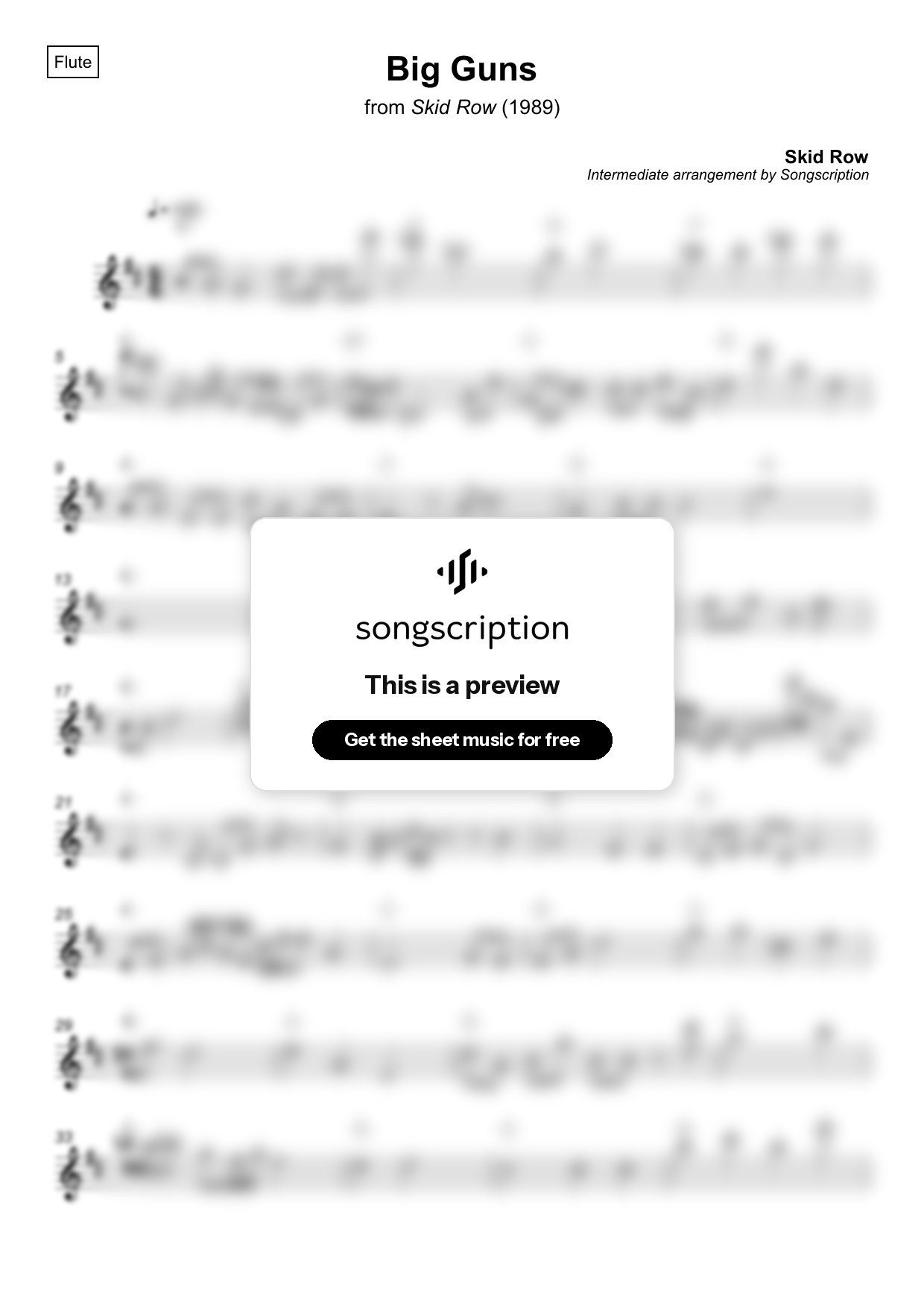 Intermediate Flute Sheet Music for "Big Guns" by Skid Row