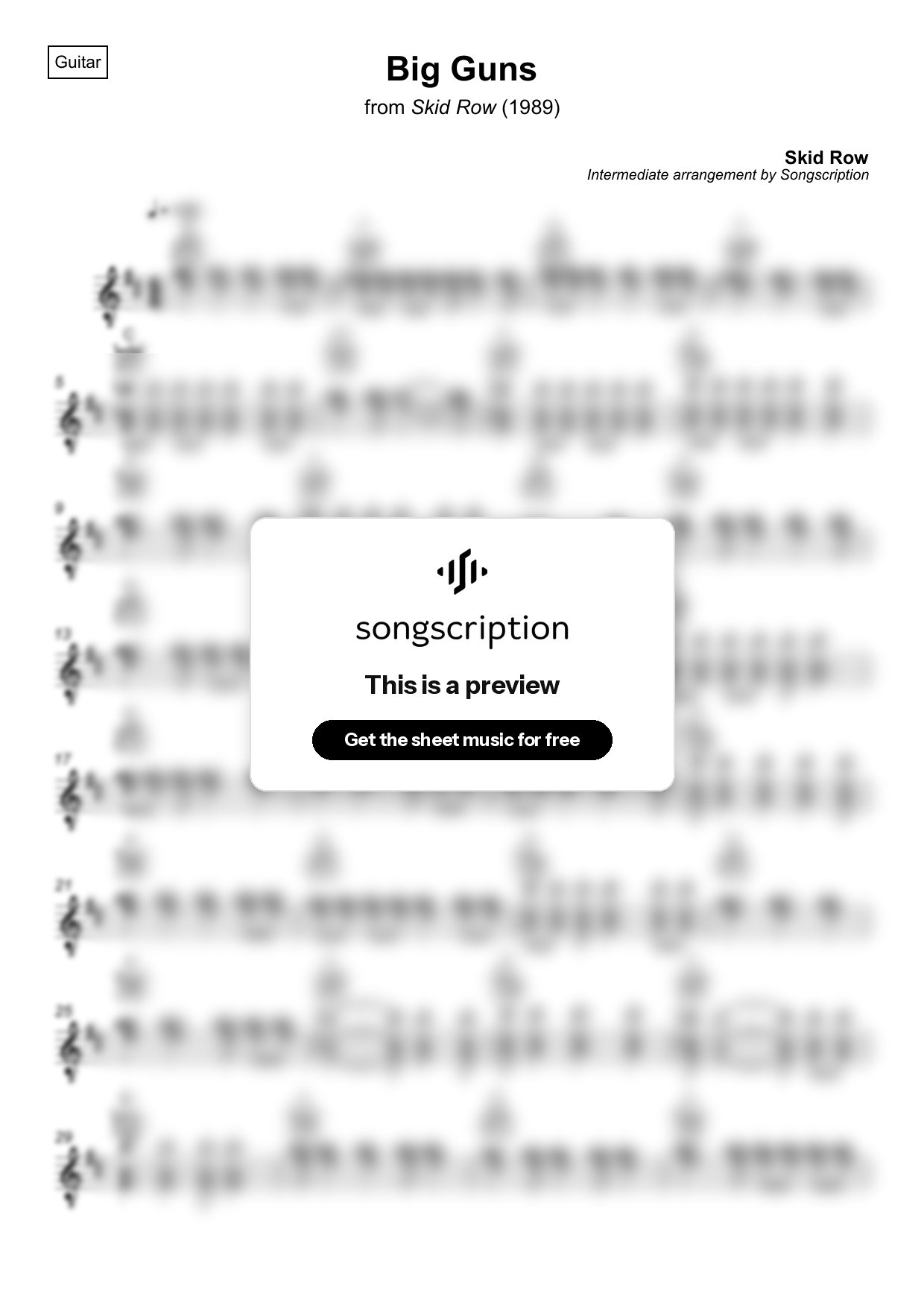 Intermediate Acoustic Guitar Sheet Music for "Big Guns" by Skid Row