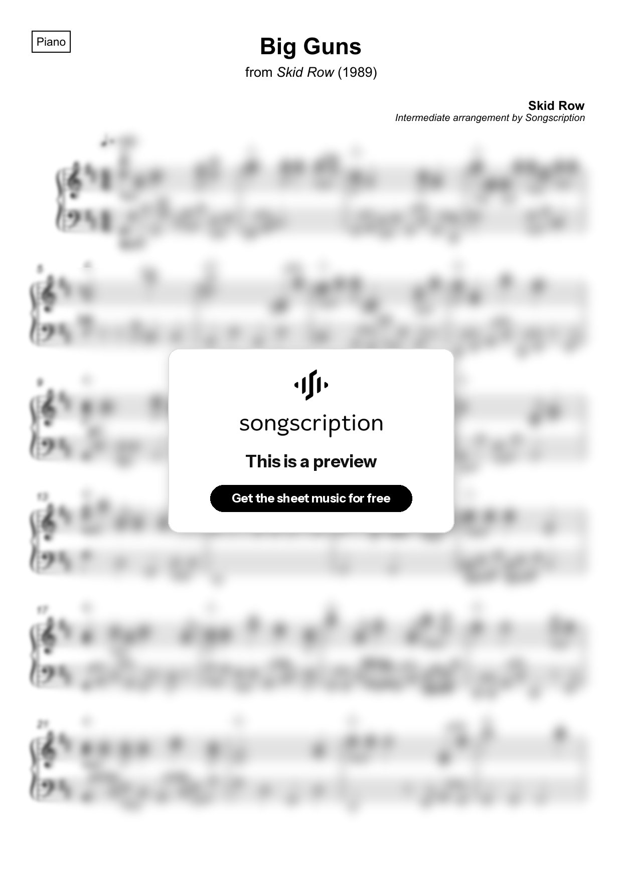 Intermediate Piano Sheet Music for "Big Guns" by Skid Row