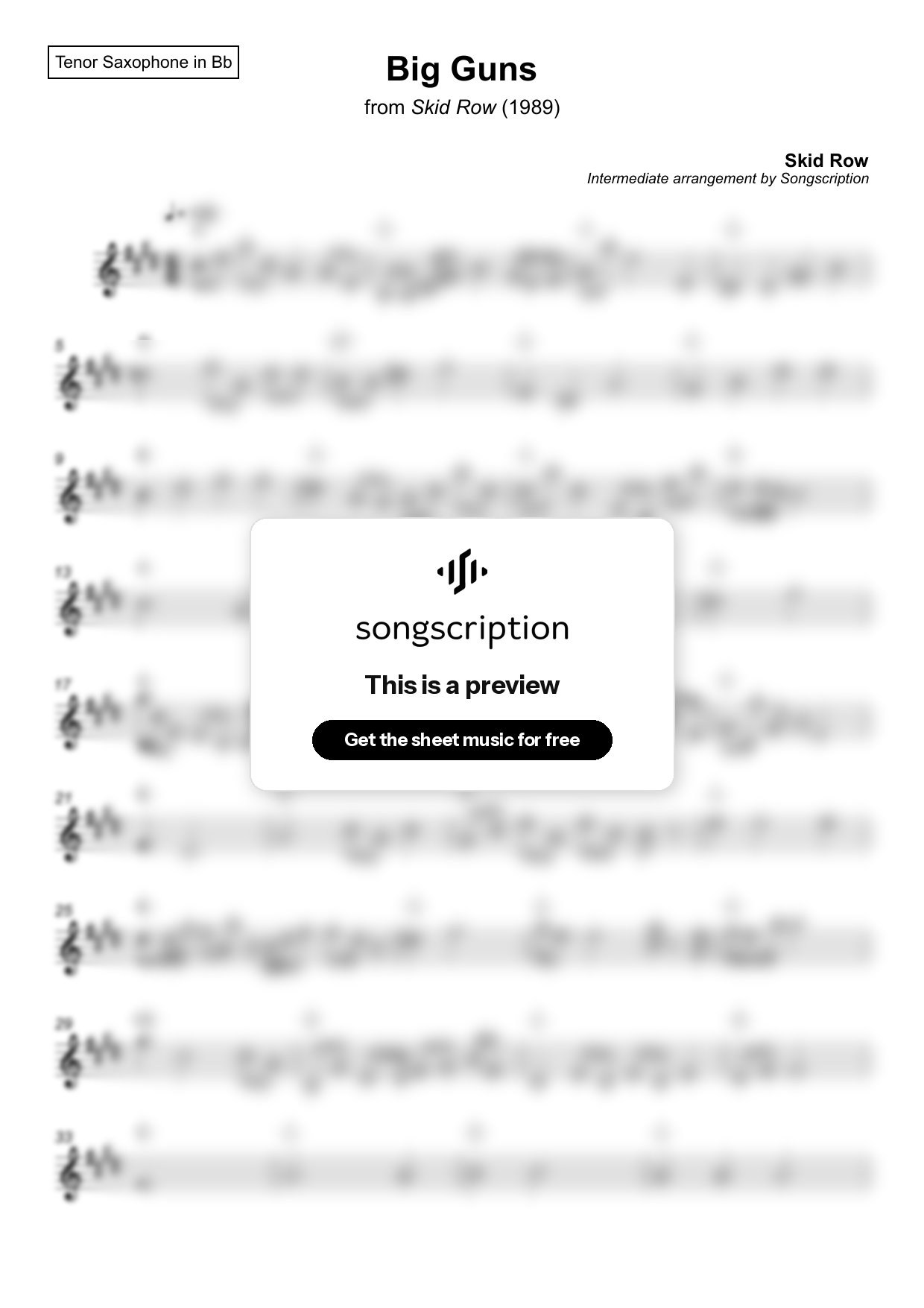 Intermediate Tenor Sax Sheet Music for "Big Guns" by Skid Row