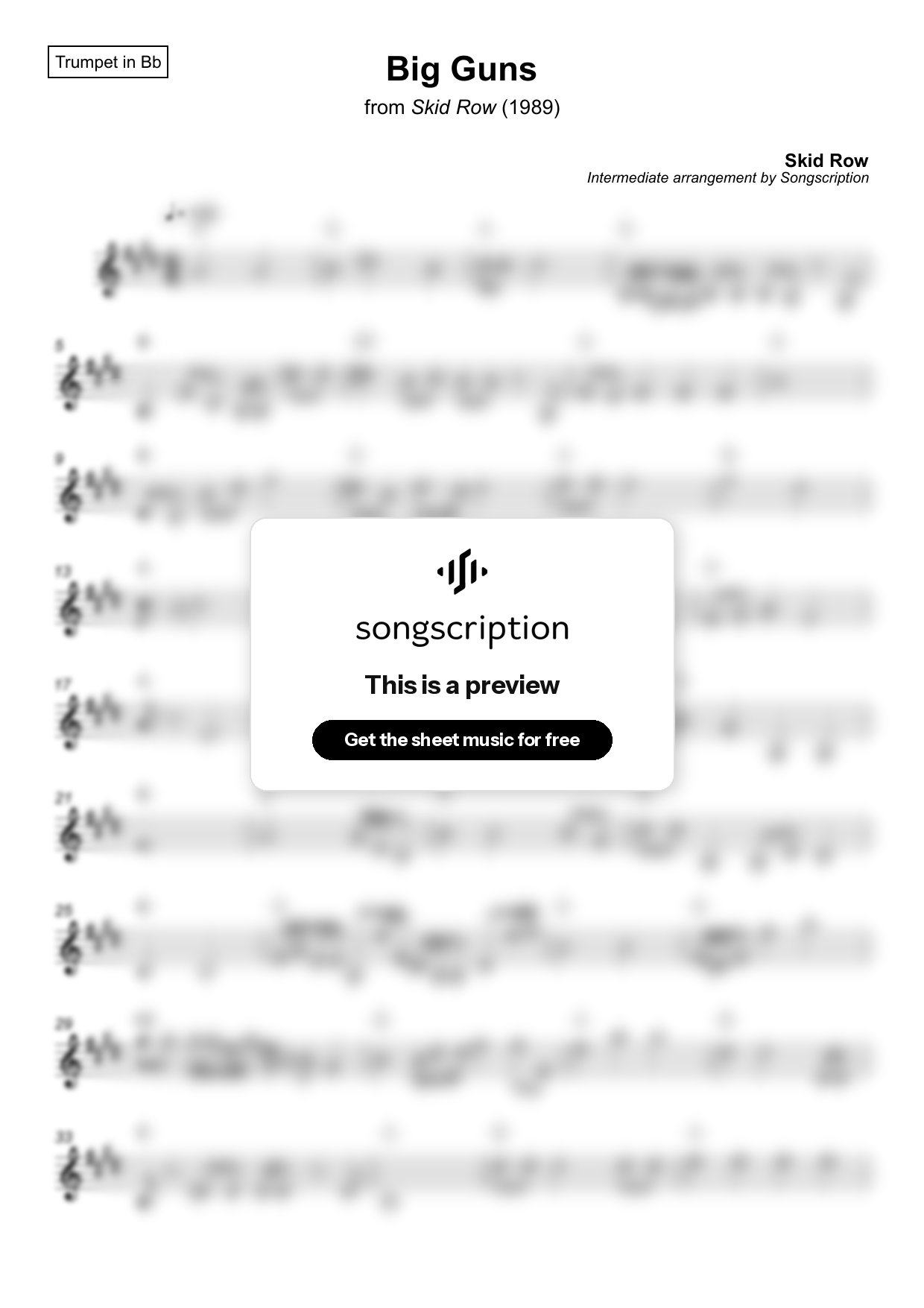 Intermediate Trumpet Sheet Music for "Big Guns" by Skid Row