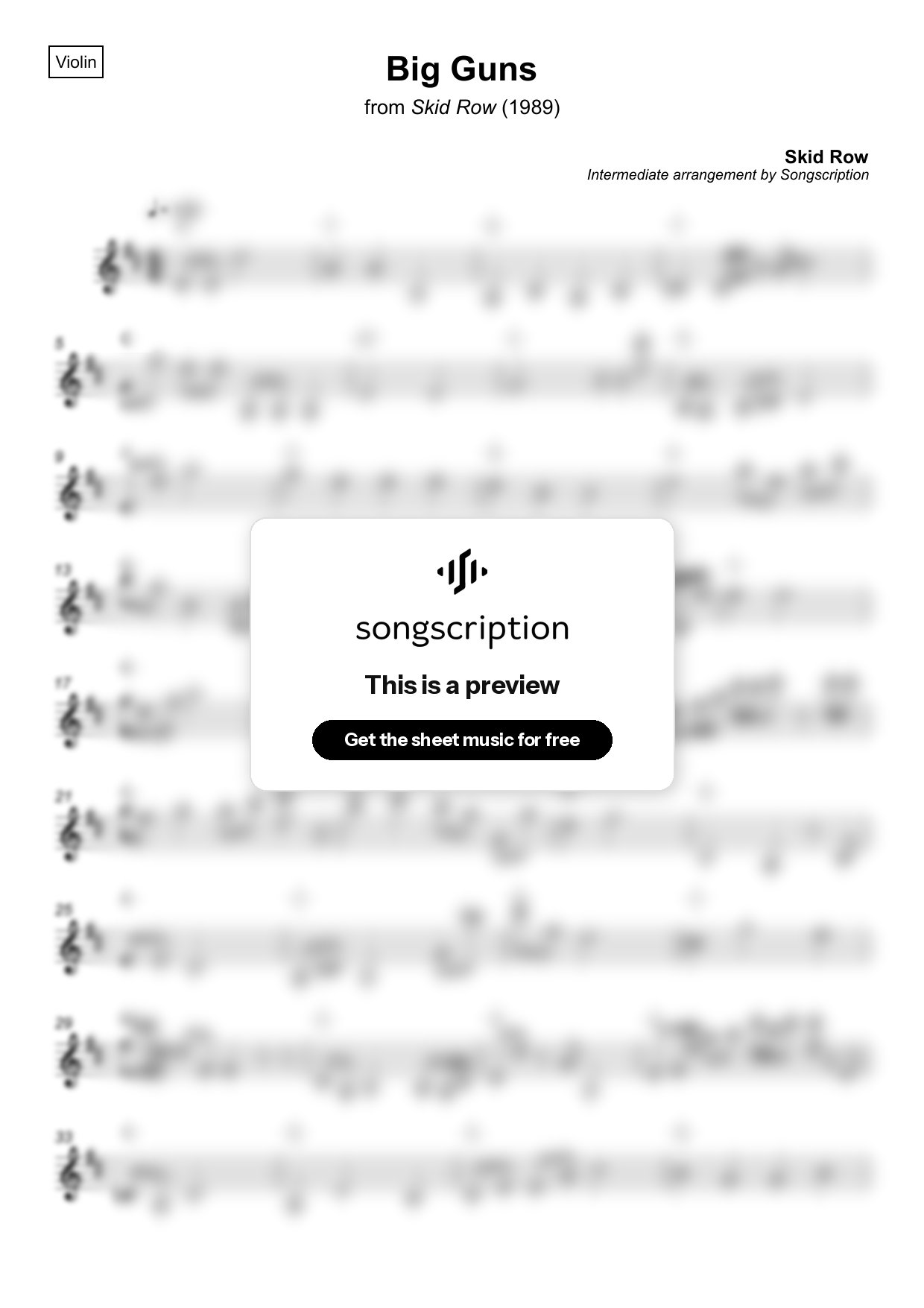 Intermediate Violin Sheet Music for "Big Guns" by Skid Row