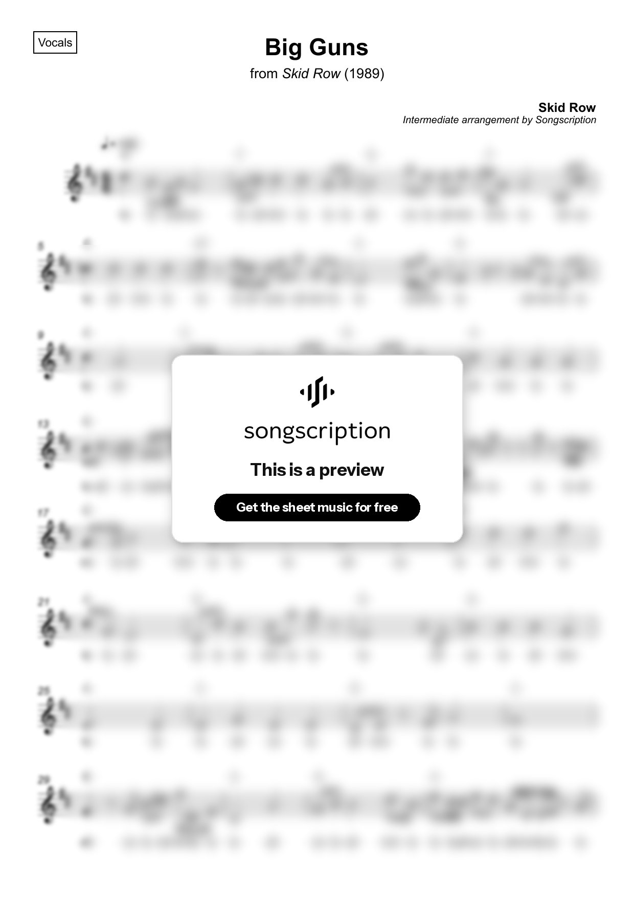 Intermediate Vocals Sheet Music for "Big Guns" by Skid Row