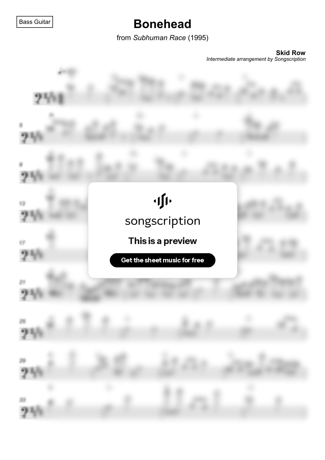 Intermediate Bass Guitar Sheet Music for "Bonehead" by Skid Row
