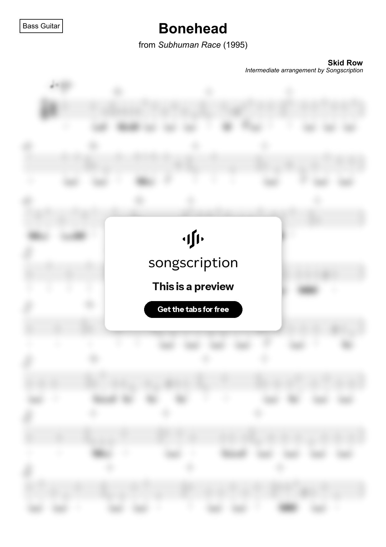 Intermediate Bass Guitar Tabs for "Bonehead" by Skid Row