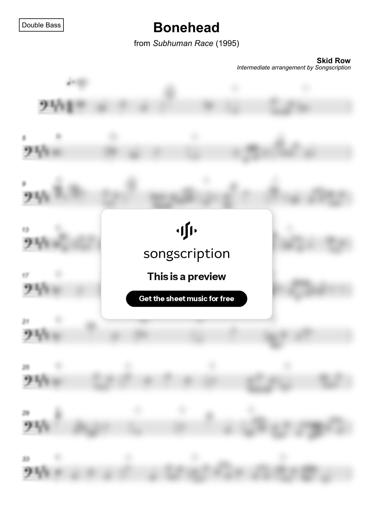 Intermediate Double Bass Sheet Music for "Bonehead" by Skid Row