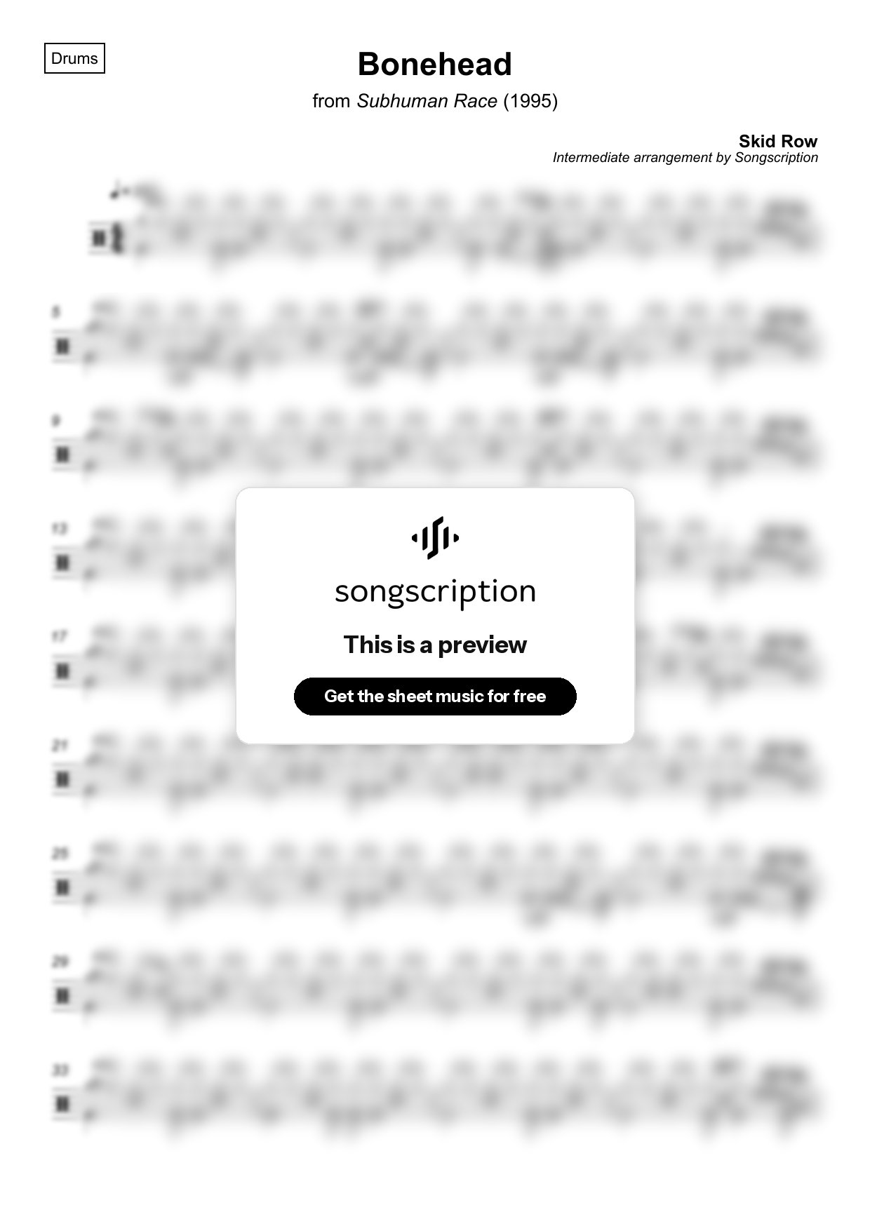 Intermediate Drums Sheet Music for "Bonehead" by Skid Row